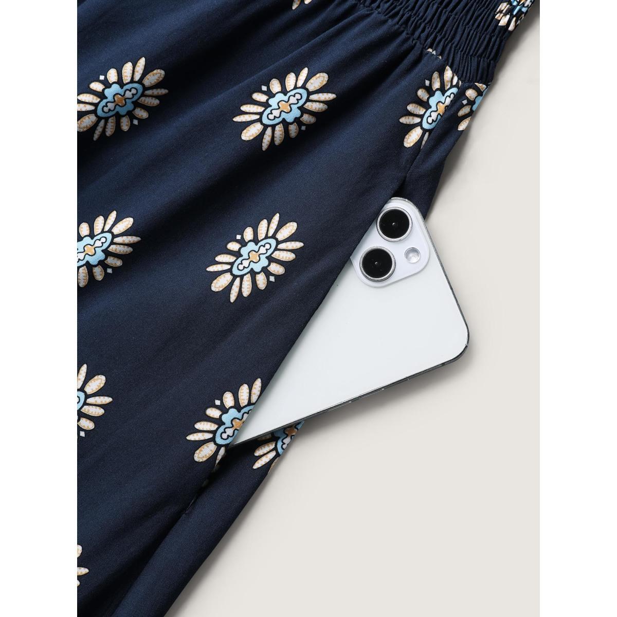 Plus Size Rayon Geometric Floral Print Shirred Midi Dress DarkBlue Women Office Notched collar Short sleeve Curvy BloomChic 18-20/2X Product Image