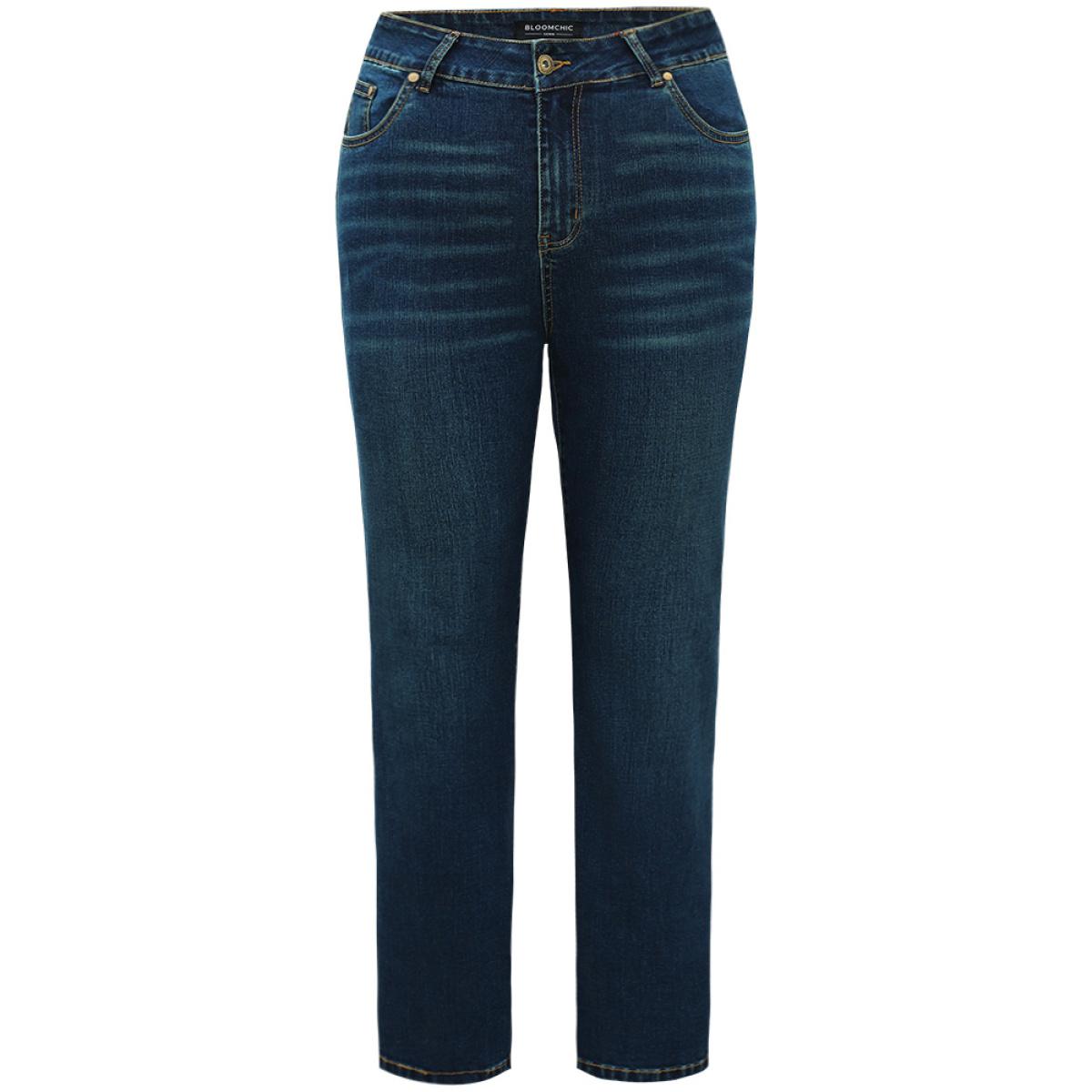 Plus Size Dark Wash Very Stretchy Straight Leg Jeans Women DarkBlue Casual Plain Plain High stretch Pocket Jeans BloomChic 10/M Product Image