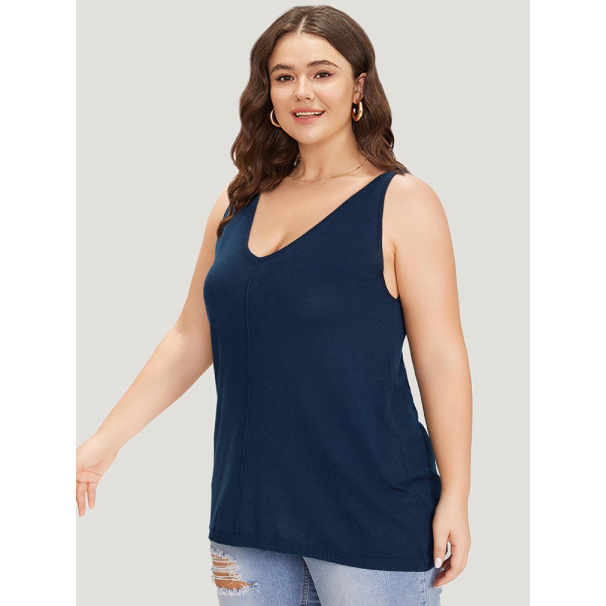 Plus Size Supersoft Essentials Solid Patchwork Sleeveless Pullover Indigo Women Casual Loose Sleeveless V-neck Everyday Pullovers BloomChic 26/4X Product Image