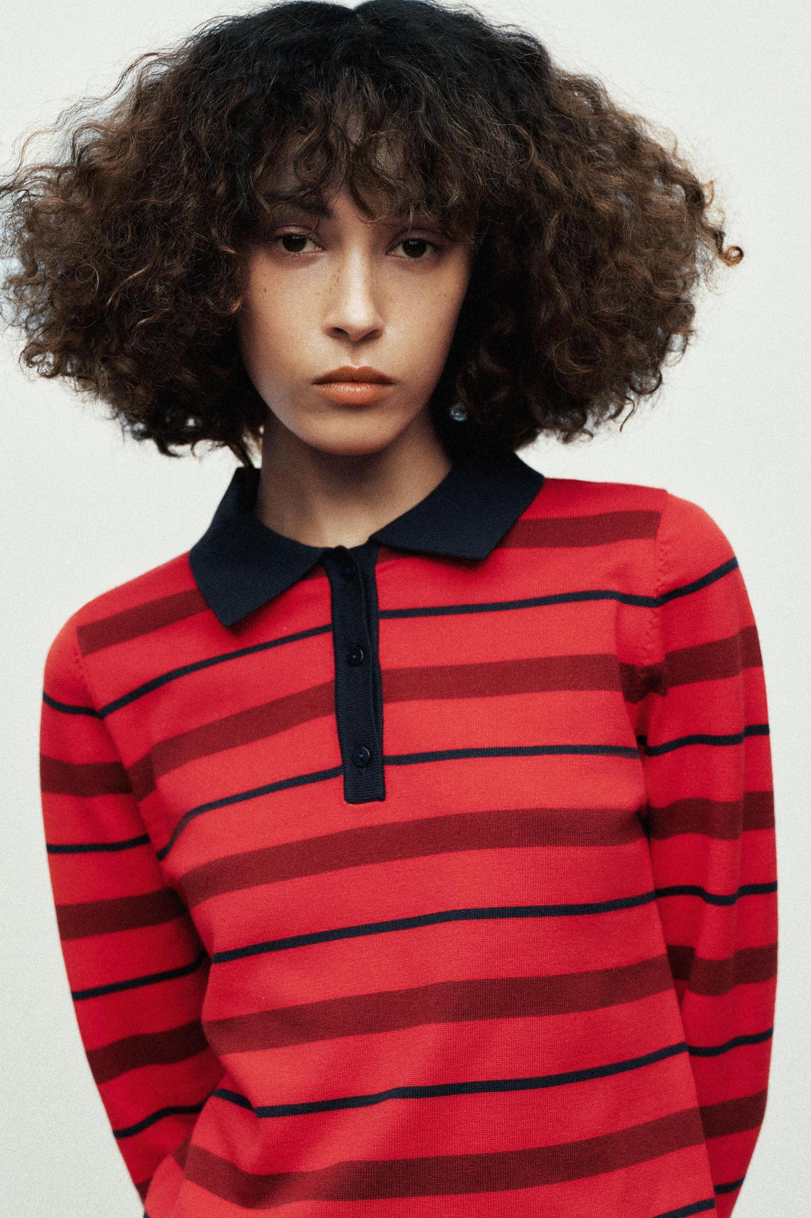 STRIPED KNIT POLO SWEATER Product Image