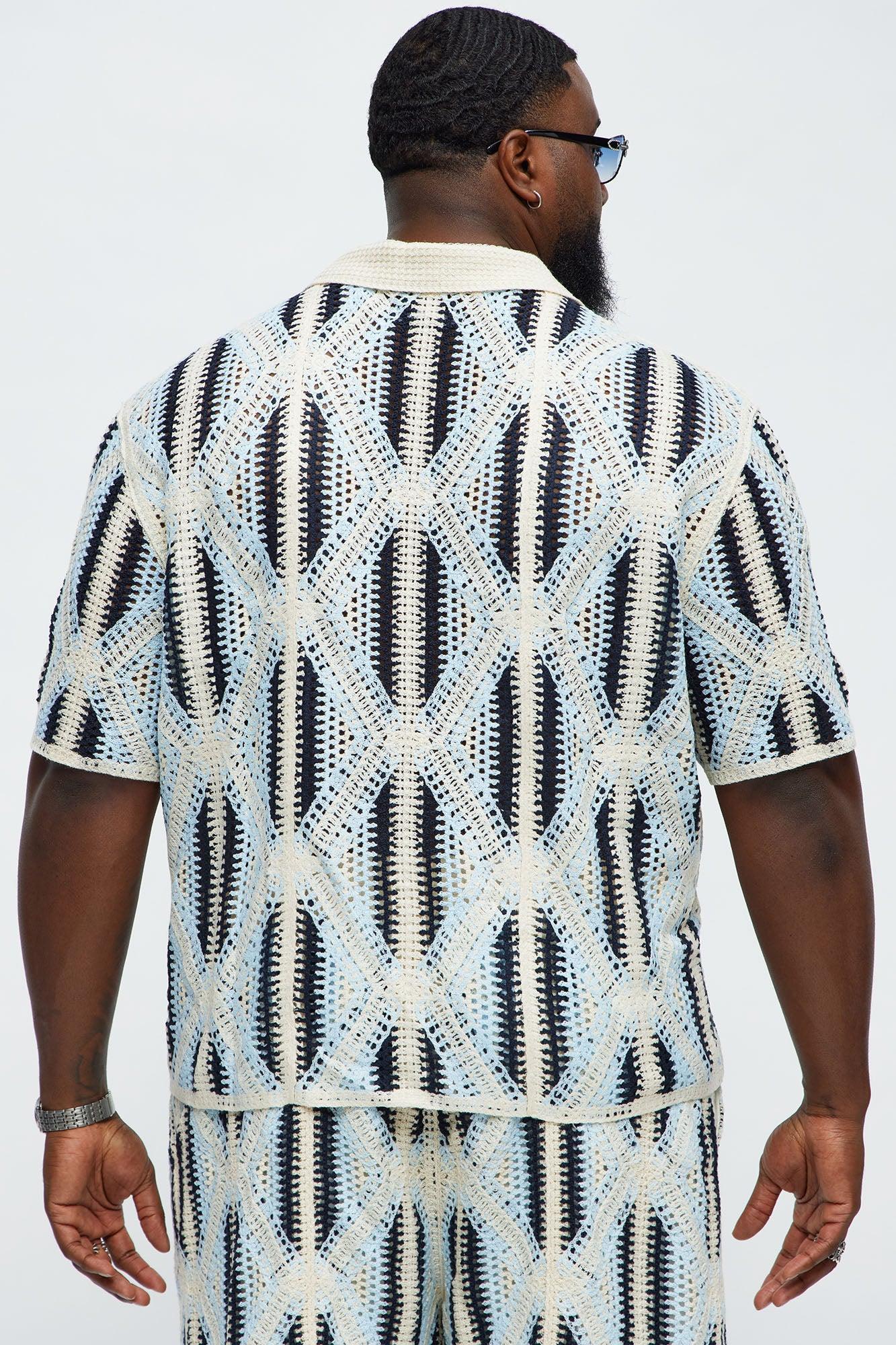 Cropped Relaxed Triangles Knit Closed Collar Shirt - Blue/combo Male Product Image