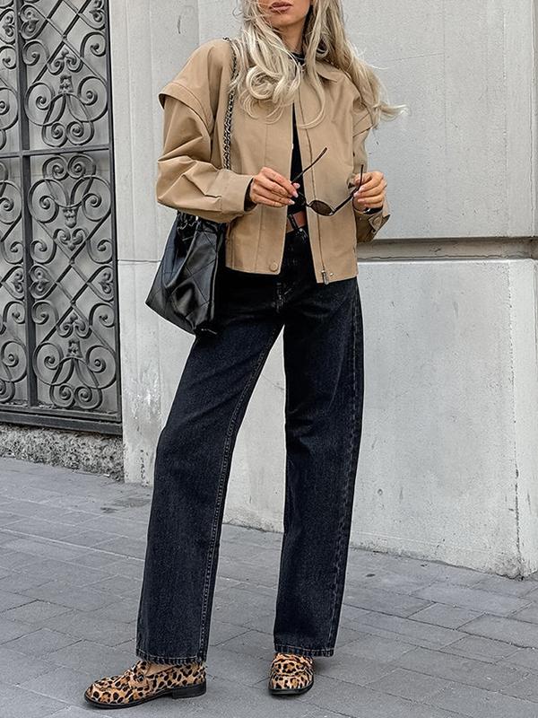 Long Sleeves Loose Buttoned Elasticity Solid Color Zipper Lapel Jackets Outerwear Product Image