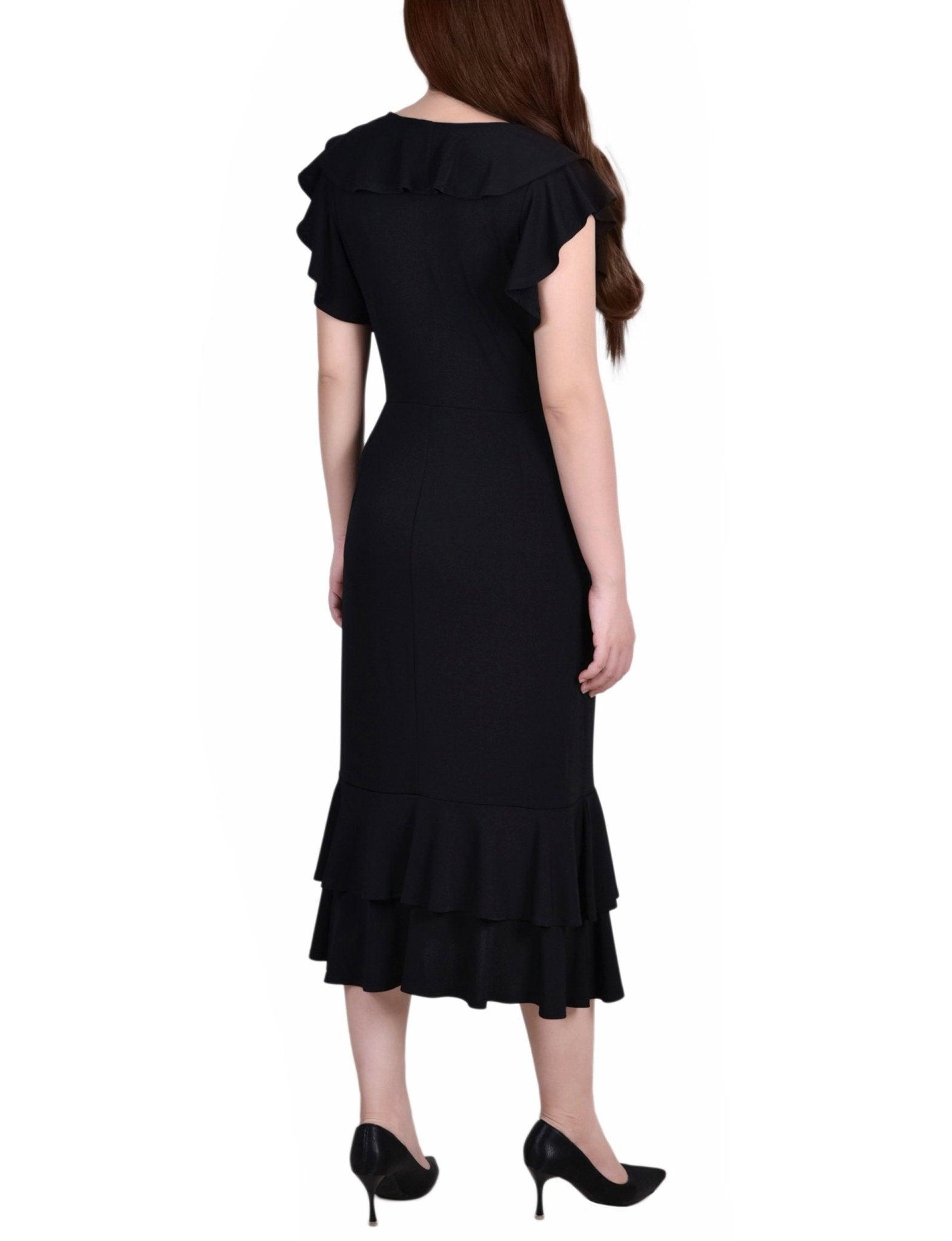 Black Short flutter Sleeve Ruffle Neck Dress - Petite Product Image