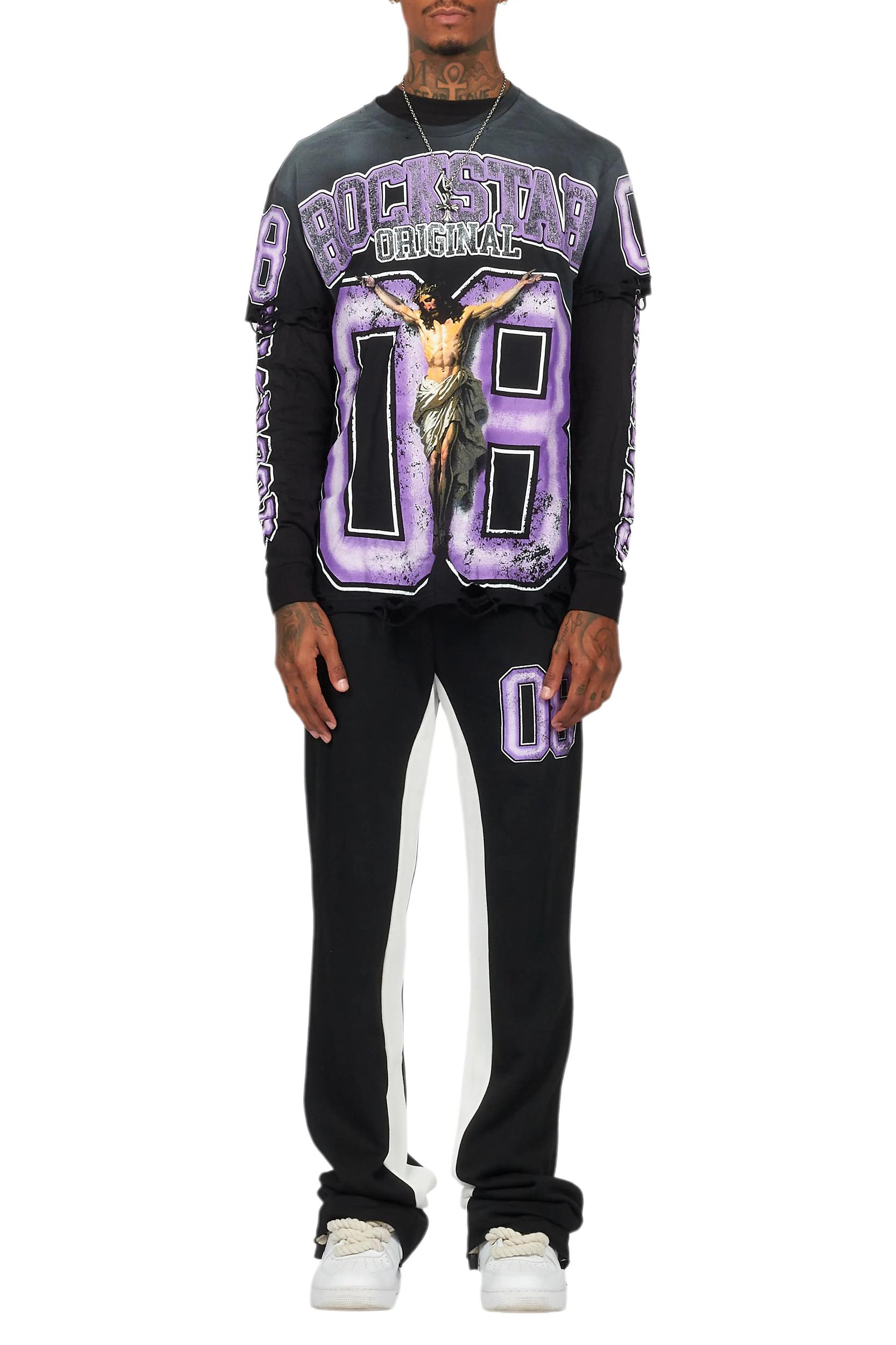 Fields Black/Purple Double Layer T-Shirt/Stacked Baggy Track Pant Set Male Product Image