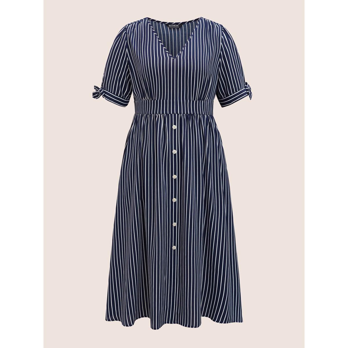 Plus Size Striped Knot Sleeve Button Detail Dress Midnight Women At the Office Tie knot V-neck Short sleeve Curvy BloomChic 26/4X Product Image