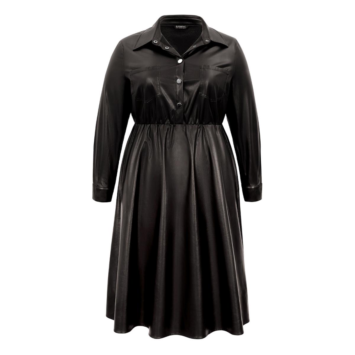 Plus Size PU Leather Elastic Waist Button Up Dress Black Women Office Plain Shirt collar Long Sleeve Curvy Midi Dress BloomChic 10/M Product Image