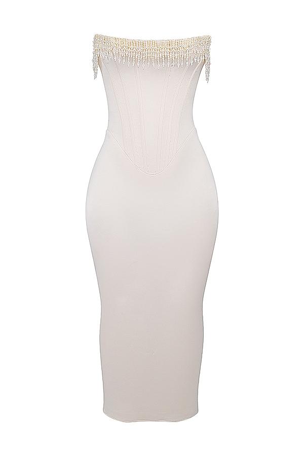 Nalita  vintage cream embellished strapless dress Product Image