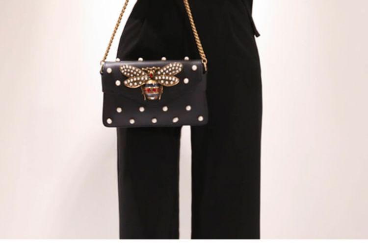 Set: Short-Sleeve Collared Dotted Button Up Blouse + V-Neck Plain Straight Leg Jumpsuit Product Image