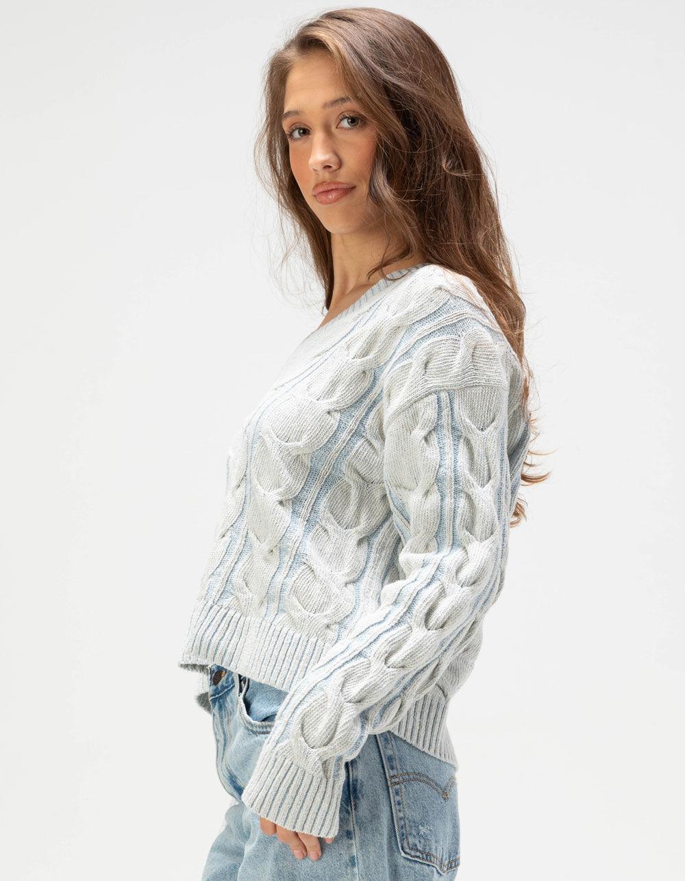 FREE PEOPLE Washed Cable Knit Womens V-Neck Sweater - LIGHT BLUE Product Image