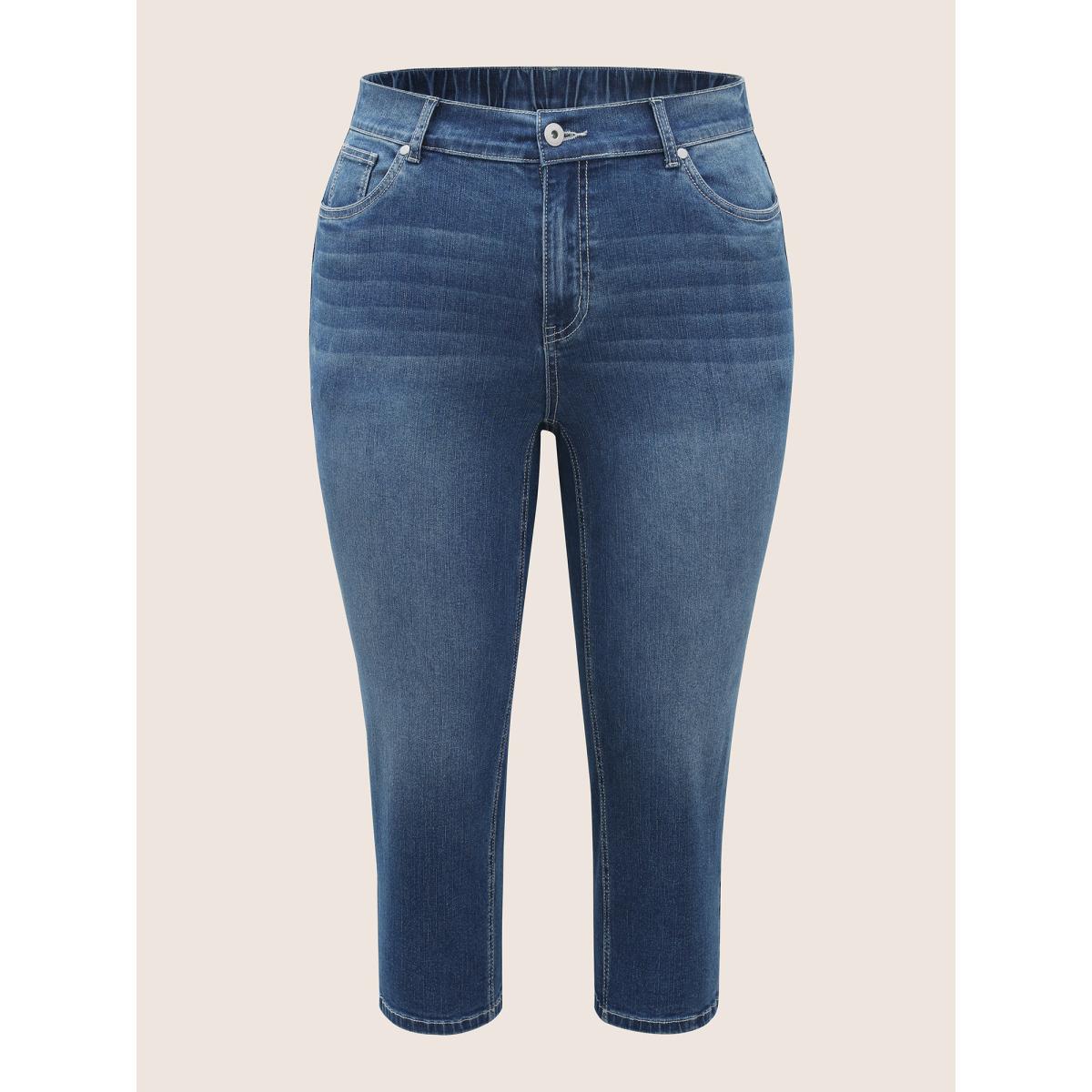 Plus Size High Stretch Slanted Pocket Slim Cropped Jeans Women Denimblue Casual Button High stretch Slanted pocket Jeans BloomChic 16/1X Product Image