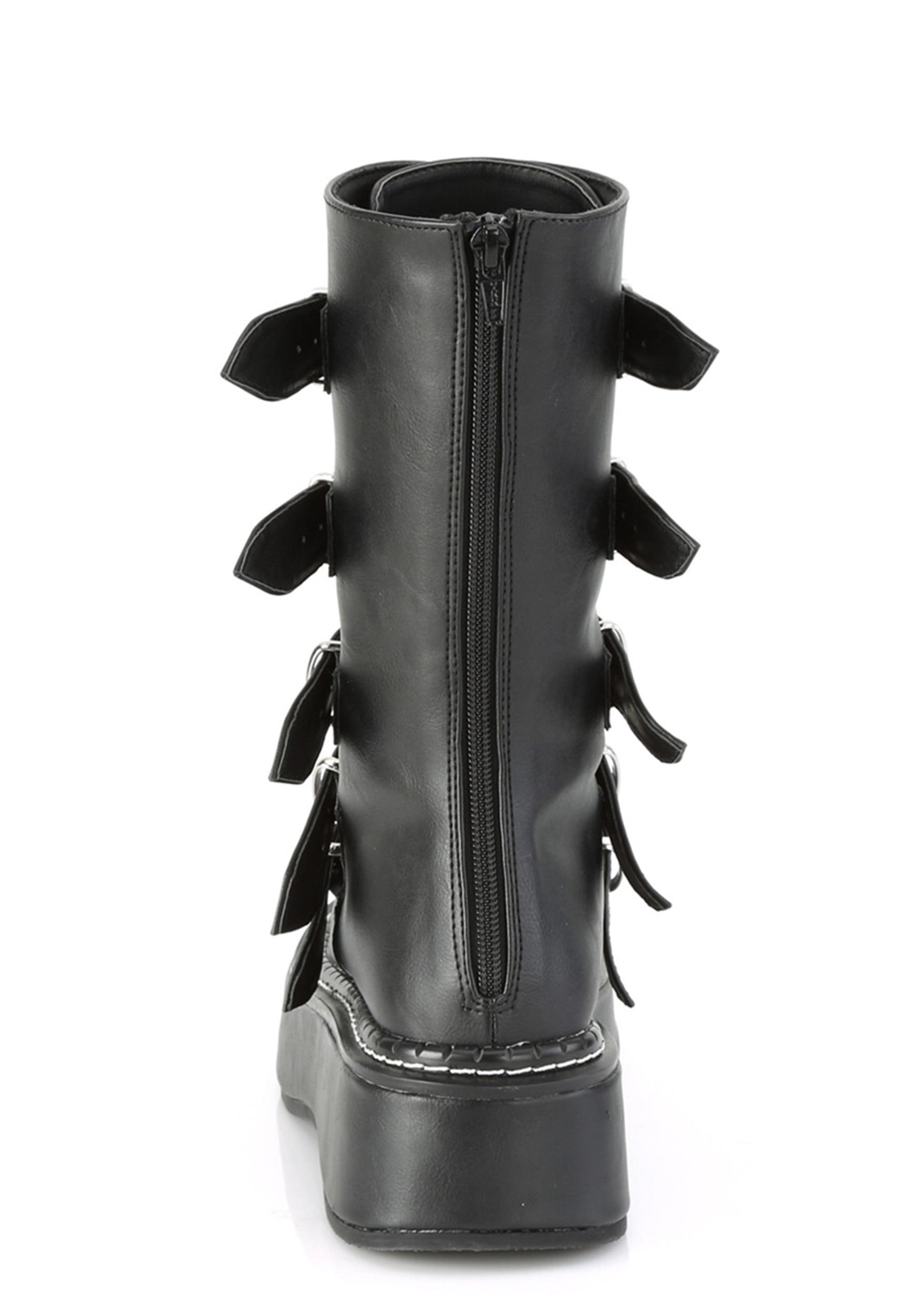 Demonia Matte Leather Oil Slick Iridescent Heart Holographic Buckle Platform Boots Black Product Image