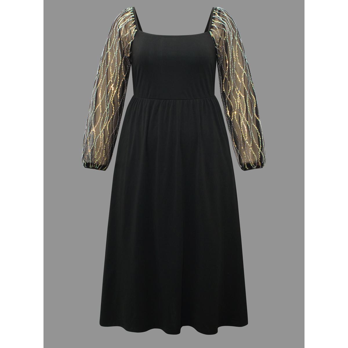 Plus Size Square Neck Patchwork Sequin Mesh Dress DarkGreen Women Cocktail Texture Party Curvy Bloomchic 10/M Product Image