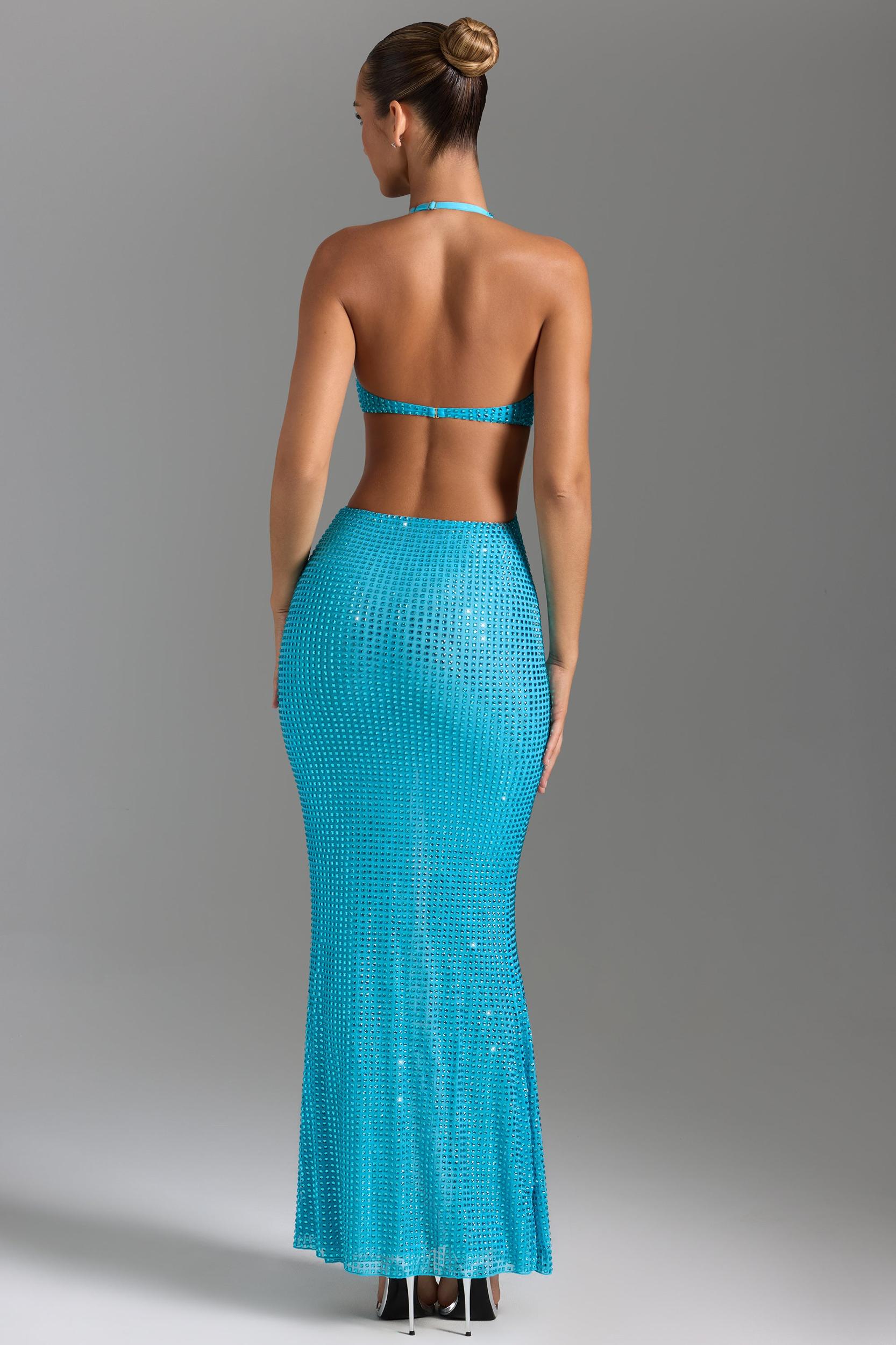Embellished Cut-Out Halterneck Maxi Dress in Aqua Blue Product Image
