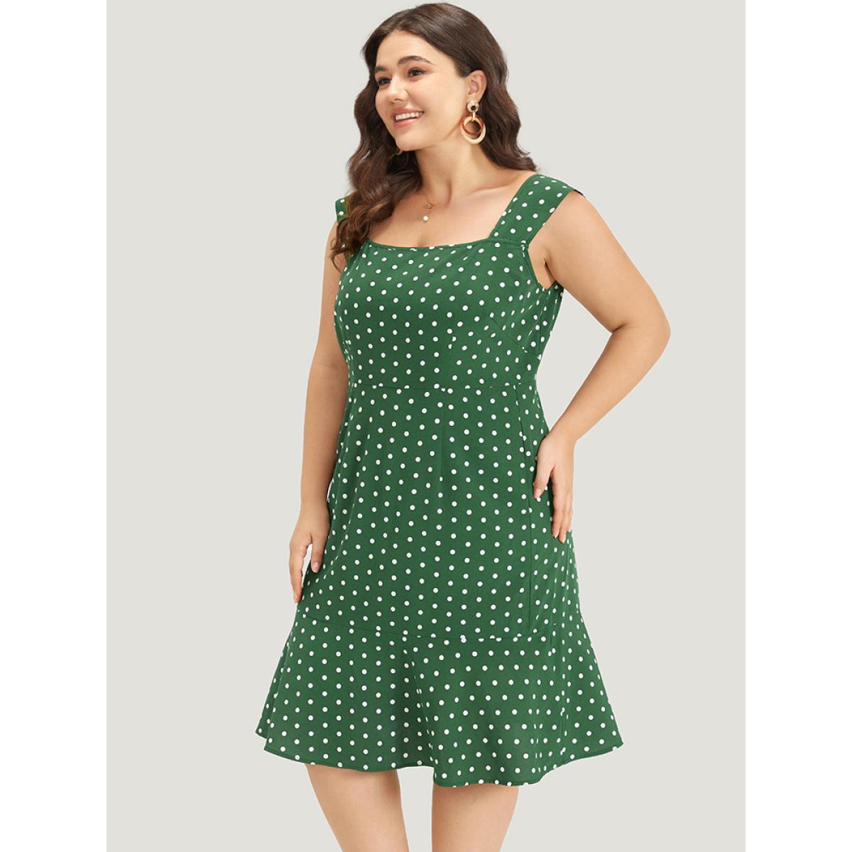 Plus Size Polka Dot Ruffle Hem Pocket Square Neck Sleeveless Dress Green Women Elegant Pocket Square Neck Sleeveless Curvy Knee Dress BloomChic 18-20/2X Product Image
