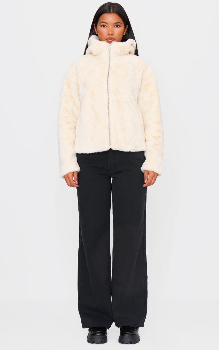 Cream Plush Faux Fur Hooded Zip Up Jacket Product Image
