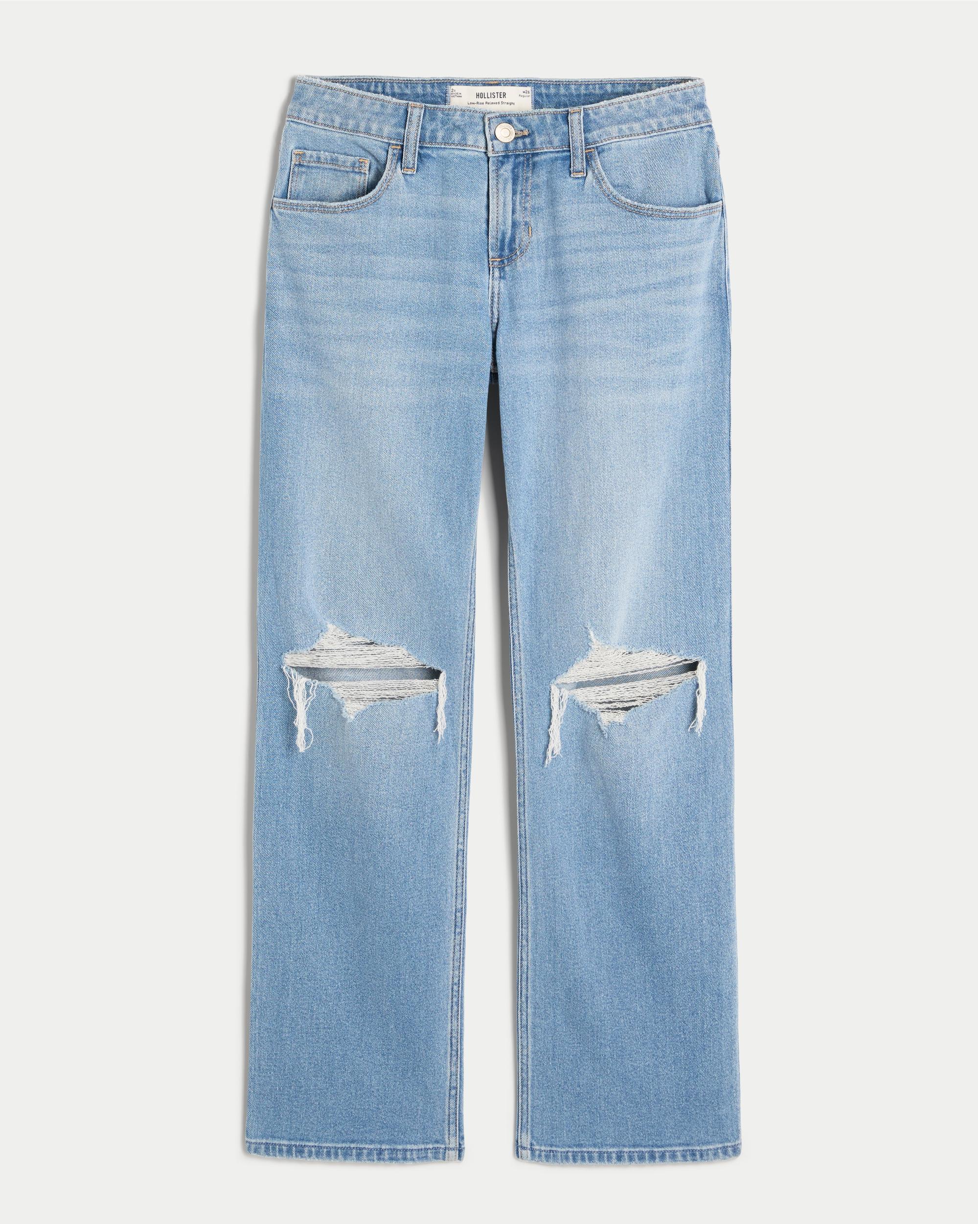Low-Rise Ripped Medium Wash Relaxed Straight Jeans Product Image