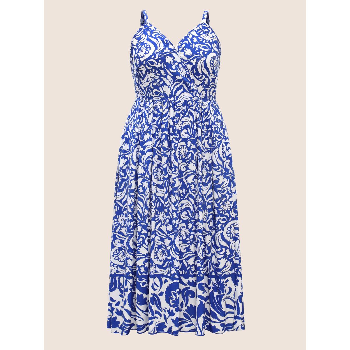 Plus Size Rayon Boho Print Wrap Cami Dress Brightblue Women Resort Ruffles Overlap Collar Sleeveless Curvy BloomChic 14-16/1X Product Image