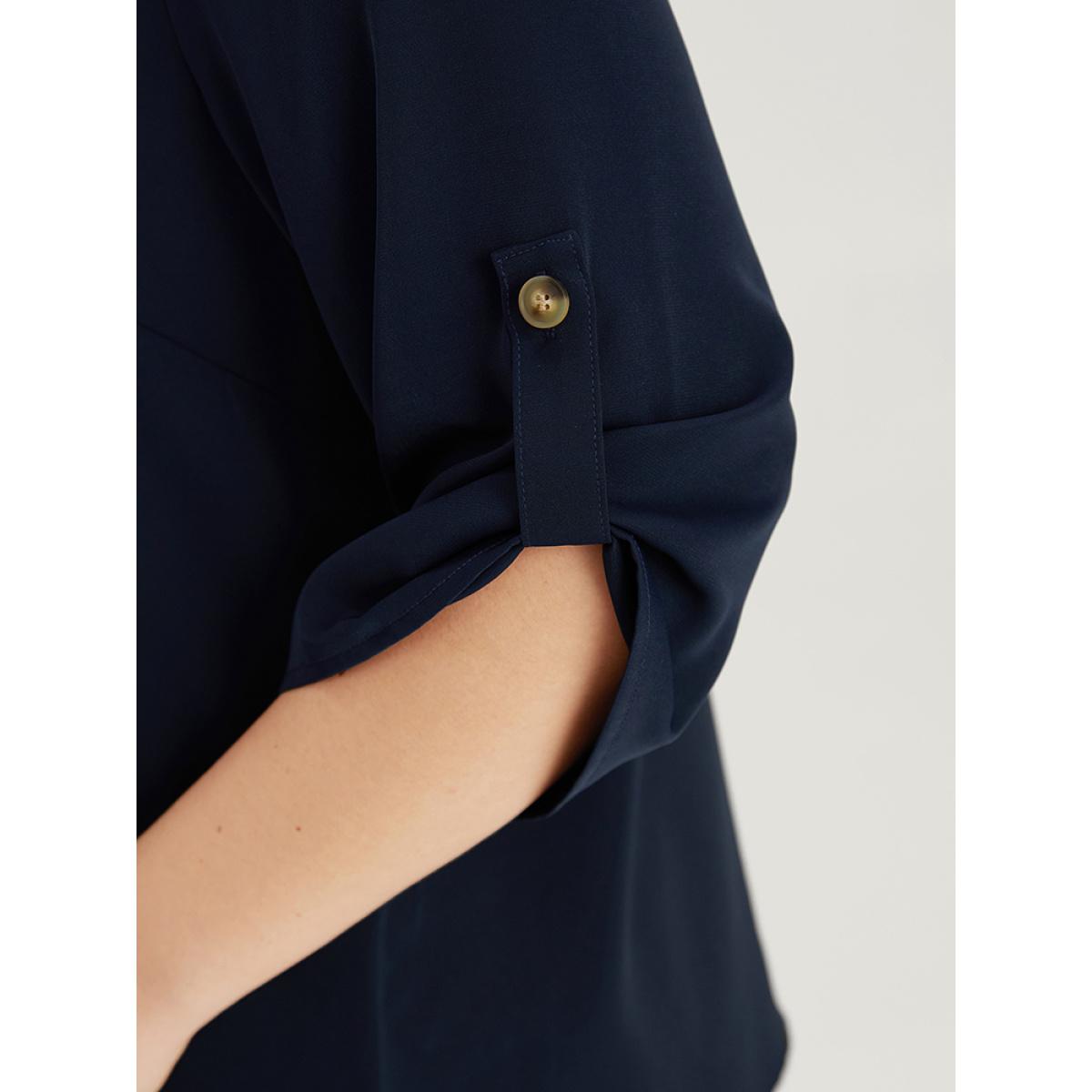 Plus Size Indigo Plain Shirt Collar Roll Tab Sleeve Blouse Women Office Elbow-length sleeve Shirt collar Work Blouses BloomChic 30/6X Product Image