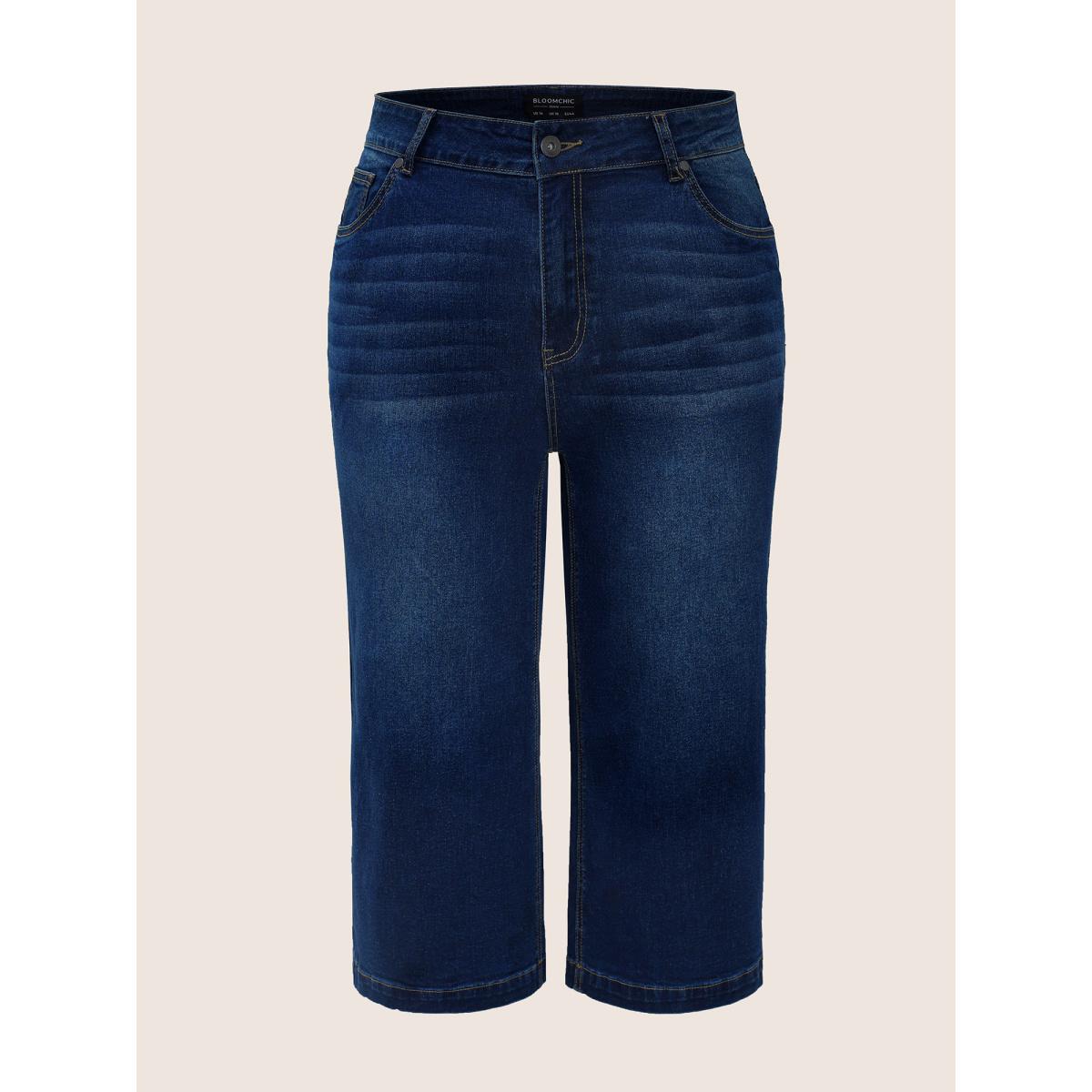 Plus Size Medium Wash Wide Leg High Stretch Jeans Women Blue Timeless Plain Button High stretch Slanted pocket Jeans BloomChic 28/5X Product Image