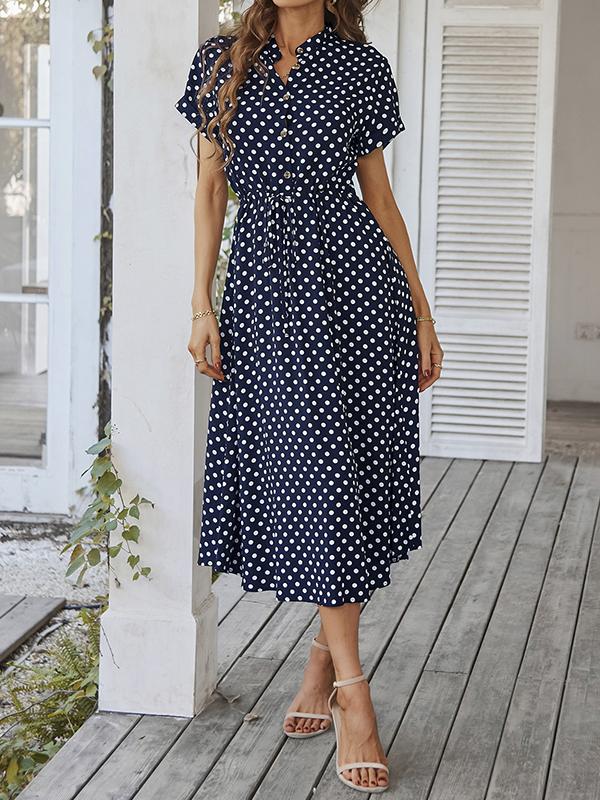 A-Line High Waisted Buttoned Drawstring Polka-Dot V-Neck Midi Dresses Product Image