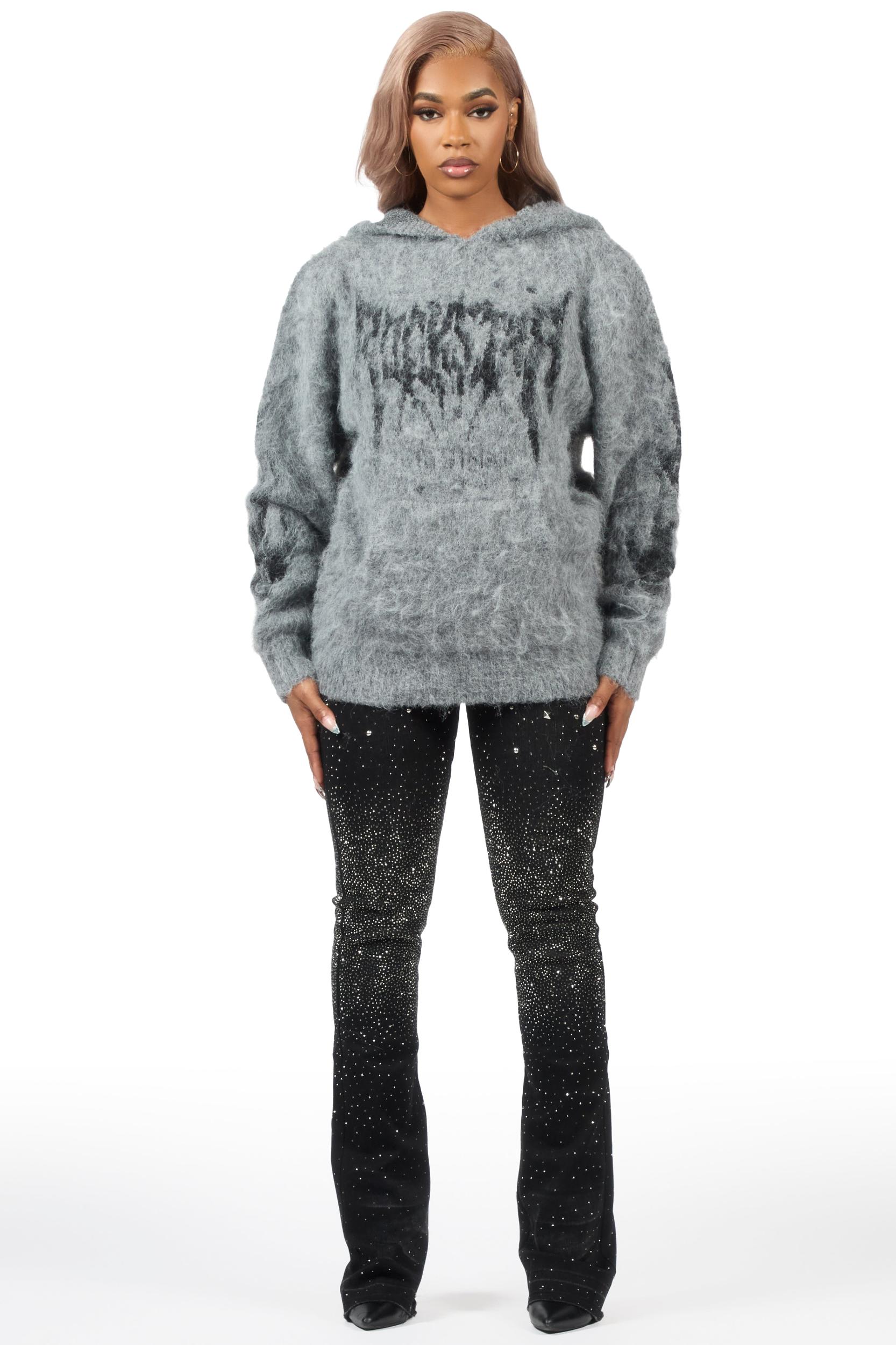 Keshay Grey Graphic Knit Hoodie Female Product Image