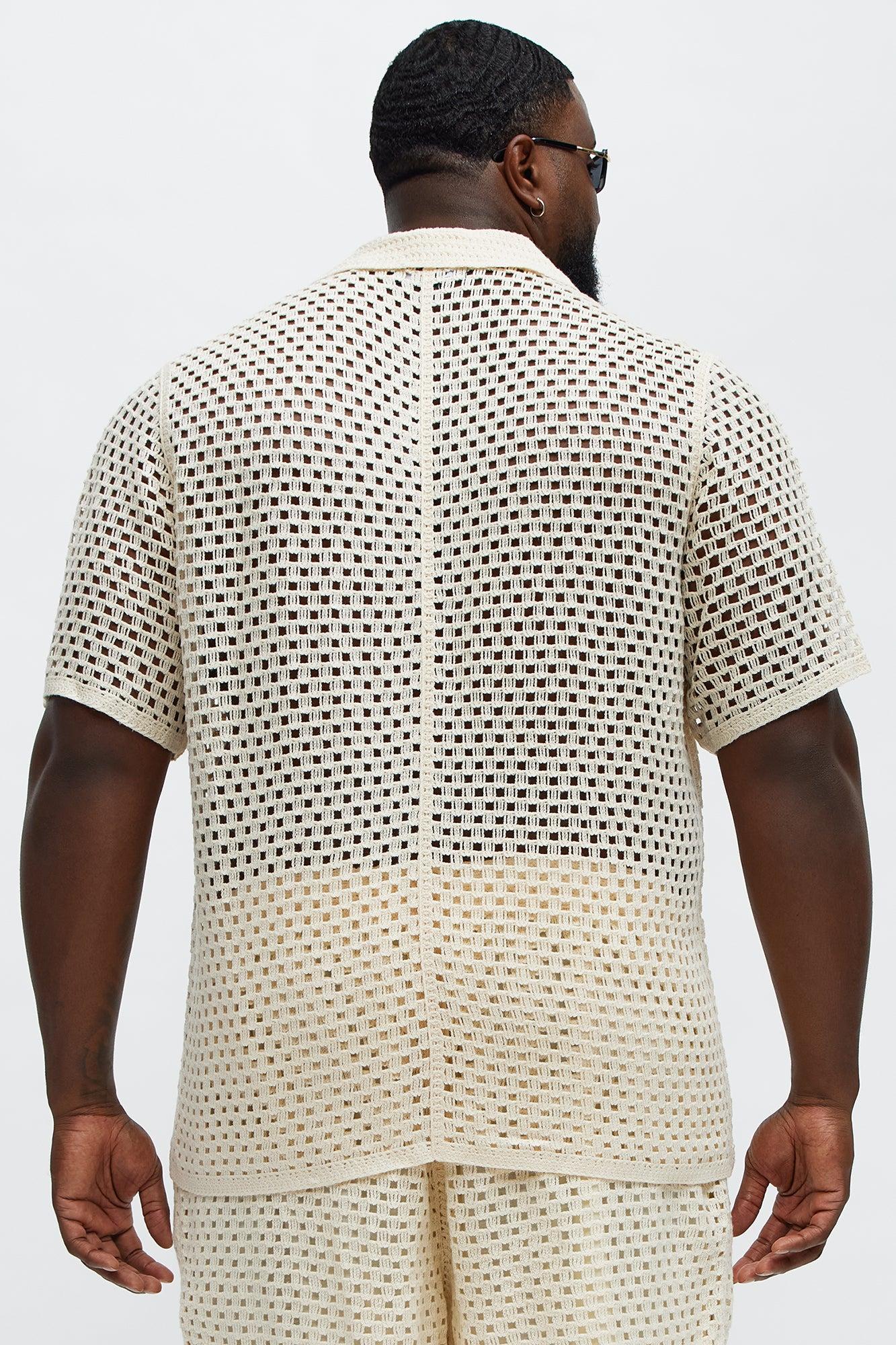 Crochet Panel Cuban Collar Button Up Shirt - Cream/combo Product Image