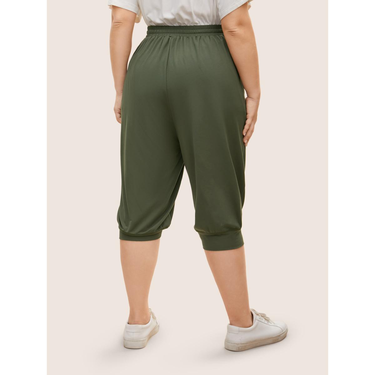 Plus Size Solid Drawstring Topstitching Mid Rise Carrot Pants Women ArmyGreen Casual Mid Rise Everyday Pants BloomChic 12/L Product Image