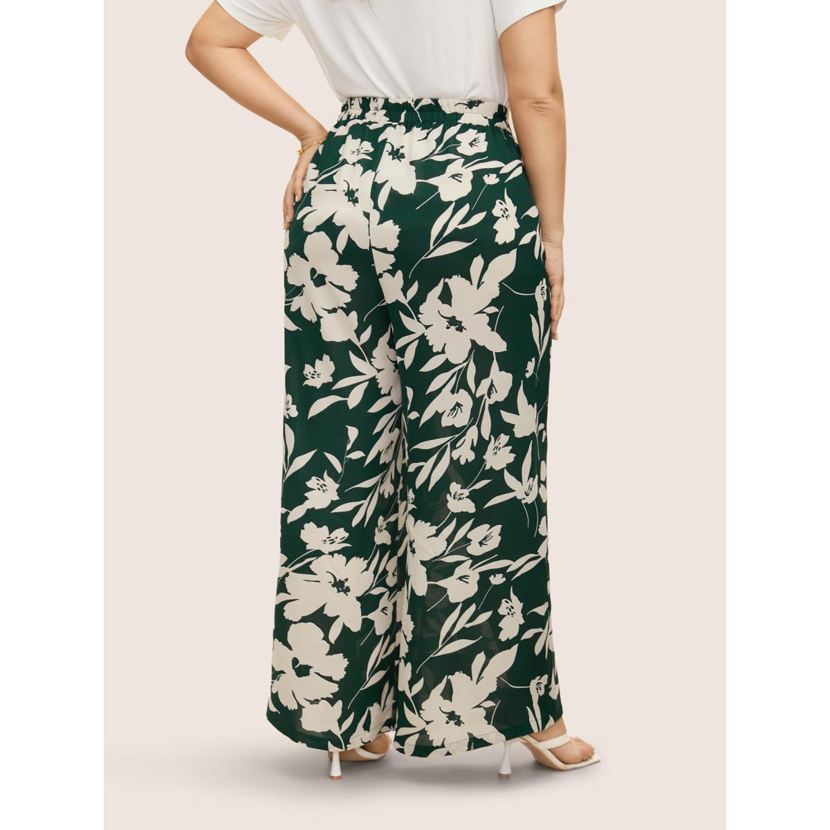 Plus Size Silhouette Floral Print Ties Side Seam Pocket Pants Women Cyan Elegant Wide Leg High Rise Everyday Pants BloomChic 18-20/2X Product Image