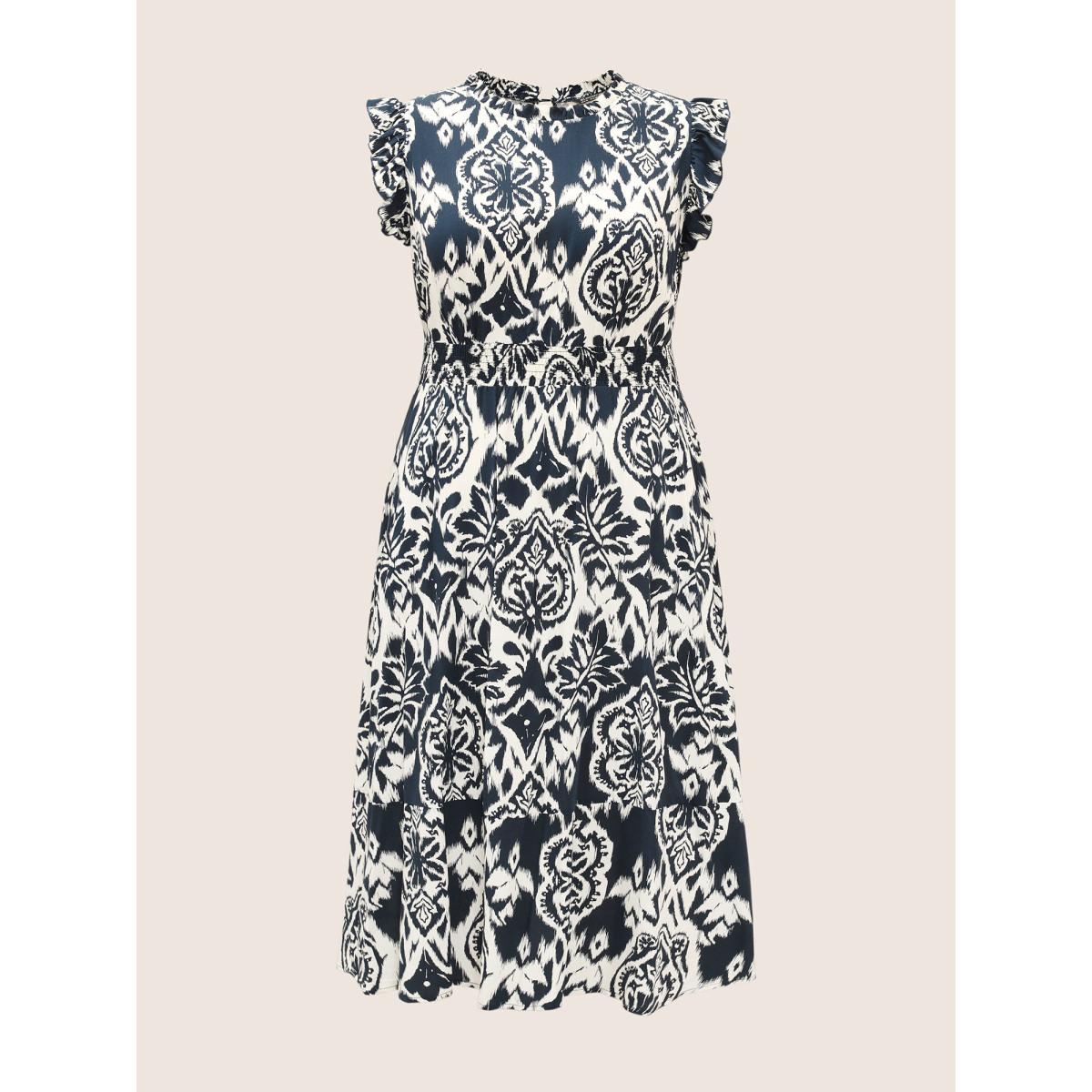 Plus Size Boho Print Mock Neck Shirred Ruffle Cap Sleeve Dress Navy Women Resort Shirred Mock Neck Cap Sleeve Curvy Midi Dress BloomChic 10/M Product Image