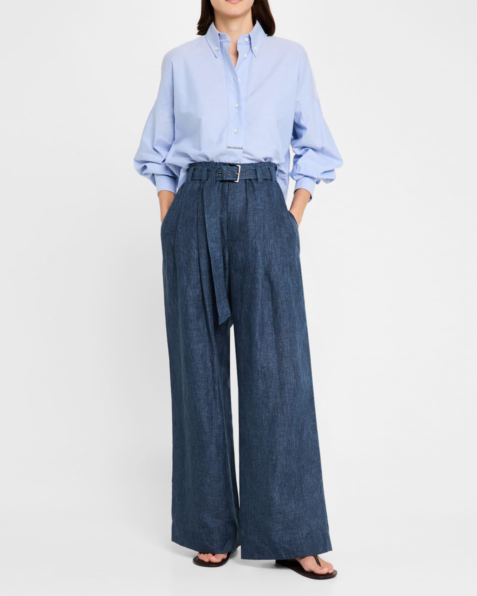 Denim-Effect Linen Wide-Leg Track Pants With Monili Belt Loop Product Image
