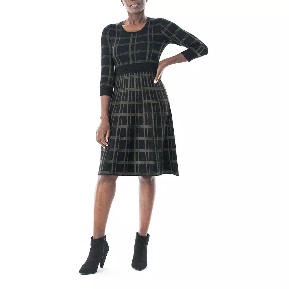 Women's Nina Leonard Plaid Knit Fit & Flair Sweater Dress, Size: Large, Black Olive Product Image