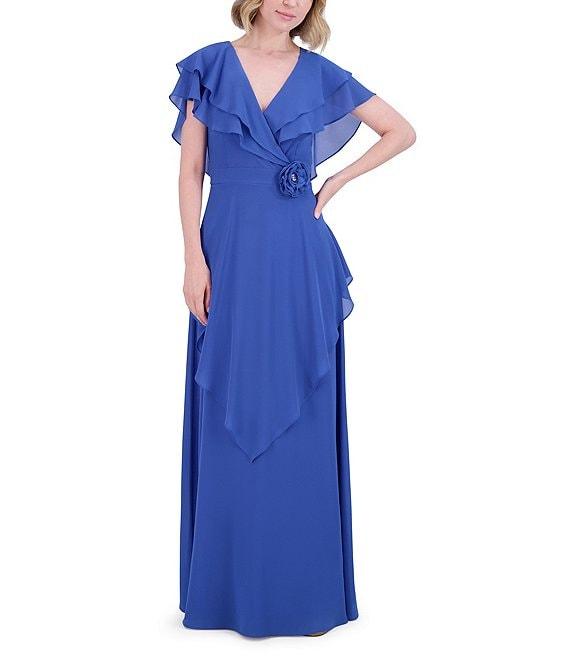 Jessica Howard Long Ruffle Rosette Chiffon Dress Product Image