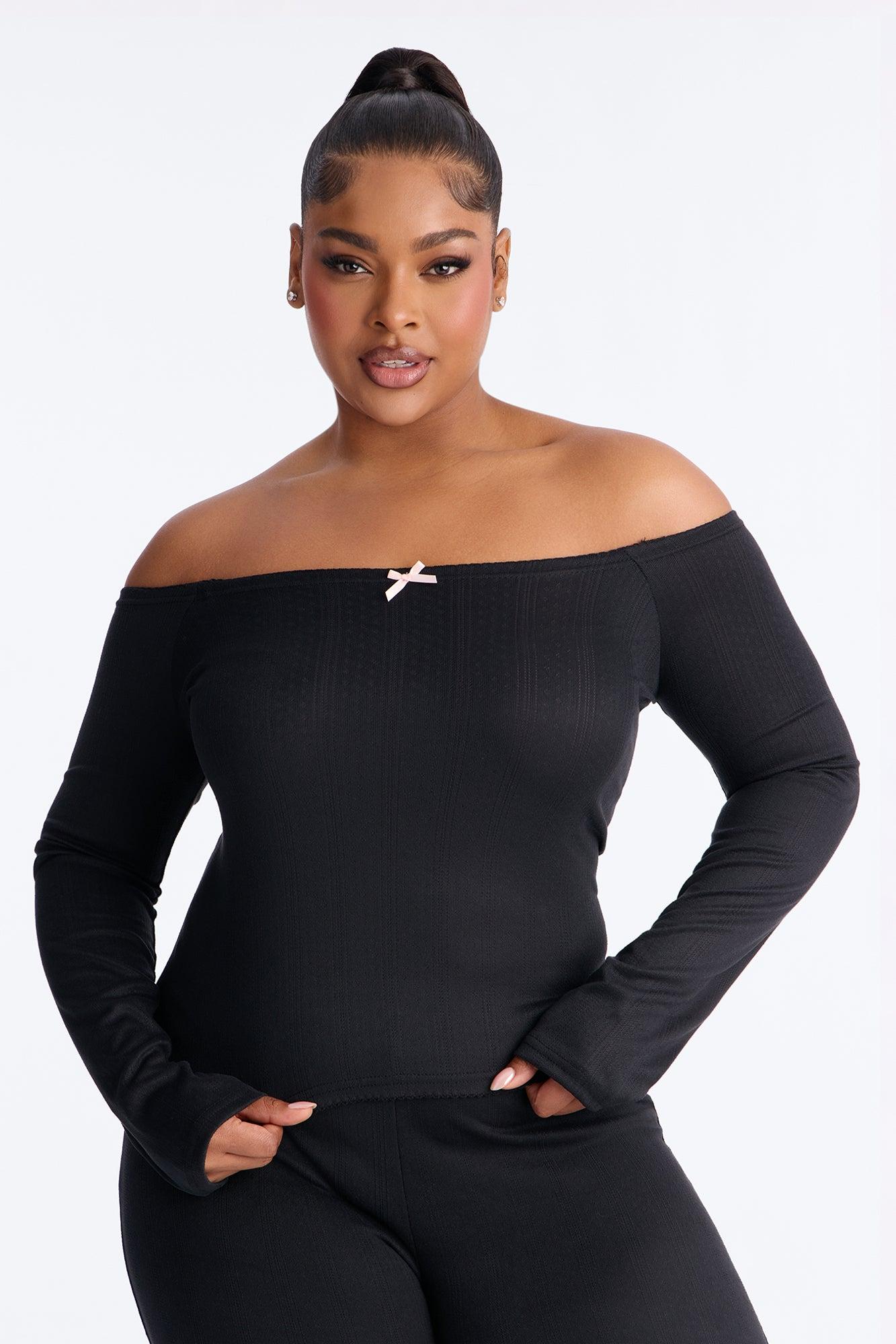 Romance Dreams Off Shoulder Pointelle PJ Pant Set - Black Female Product Image