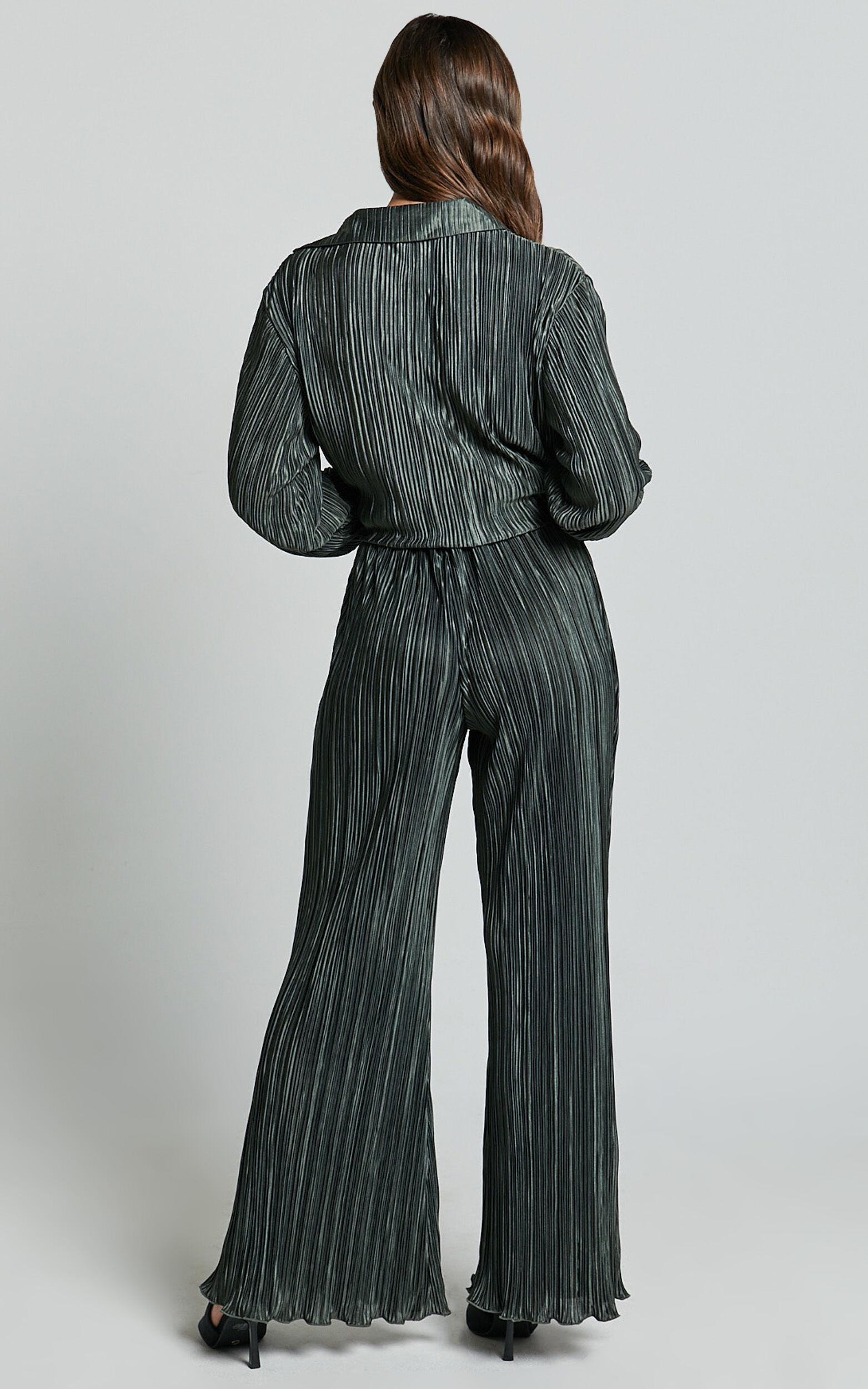 Beca Pants - High Waisted Plisse Flared Pants in Olive Product Image