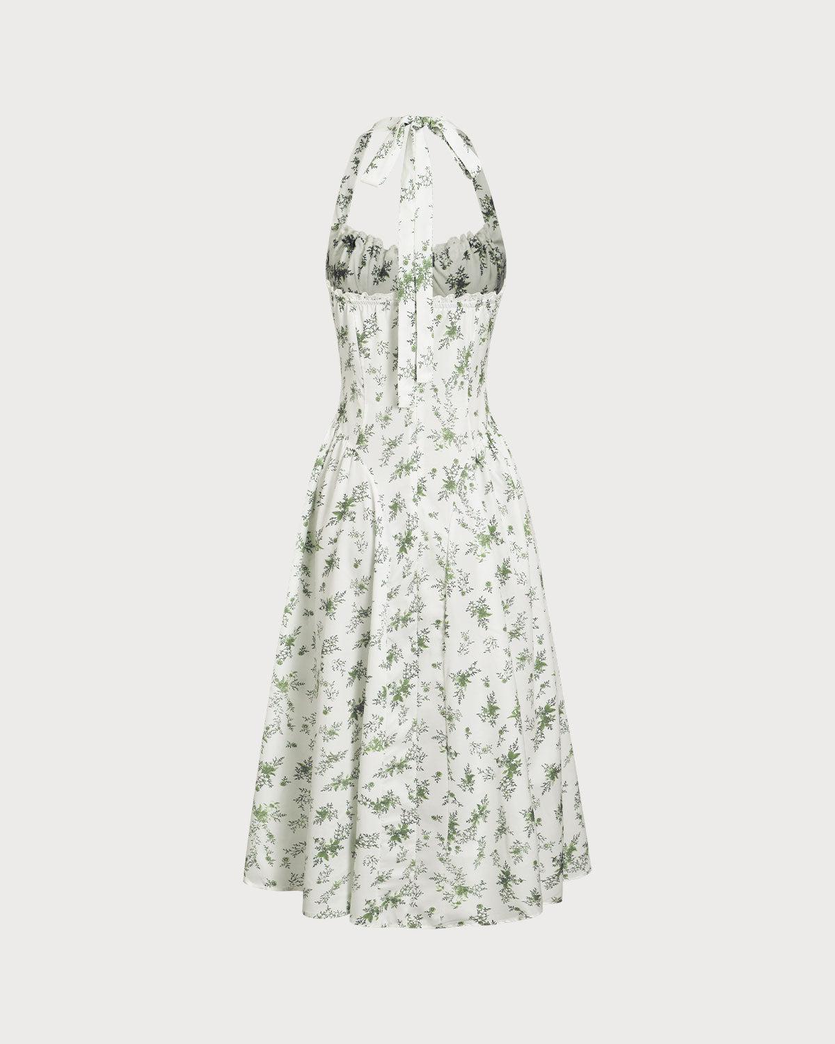Green Floral Ruched Lace Halter Midi Dress Product Image