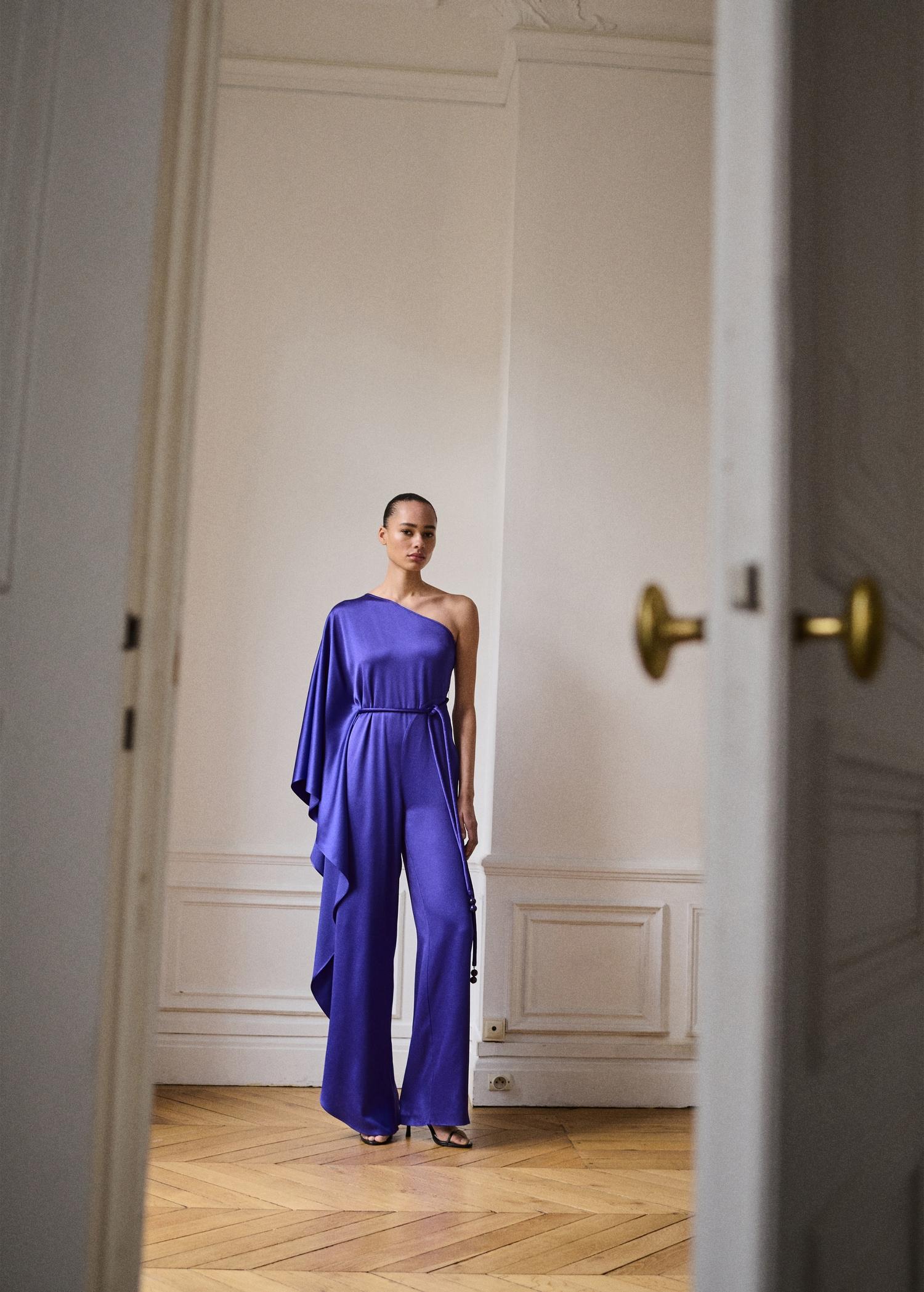 Satin maxi-ruffle jumpsuit - Women | MANGO USA Product Image