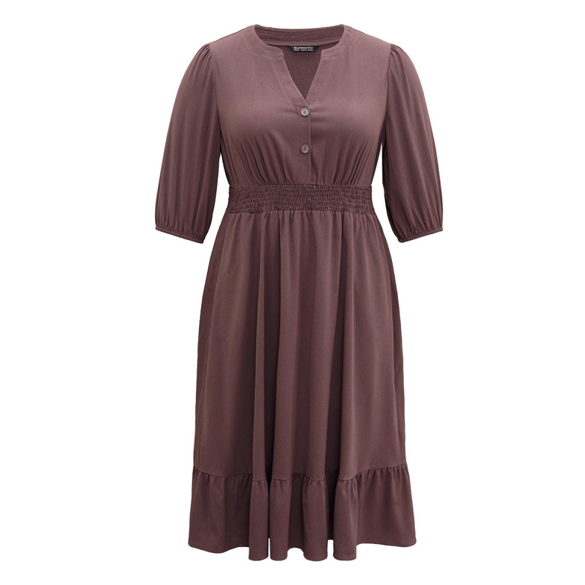Plus Size Solid Notched Lantern Sleeve Shirred Dress Eggplant Women Office Elastic cuffs Notched collar Elbow-length sleeve Curvy Midi Dress BloomChic 10/M Product Image