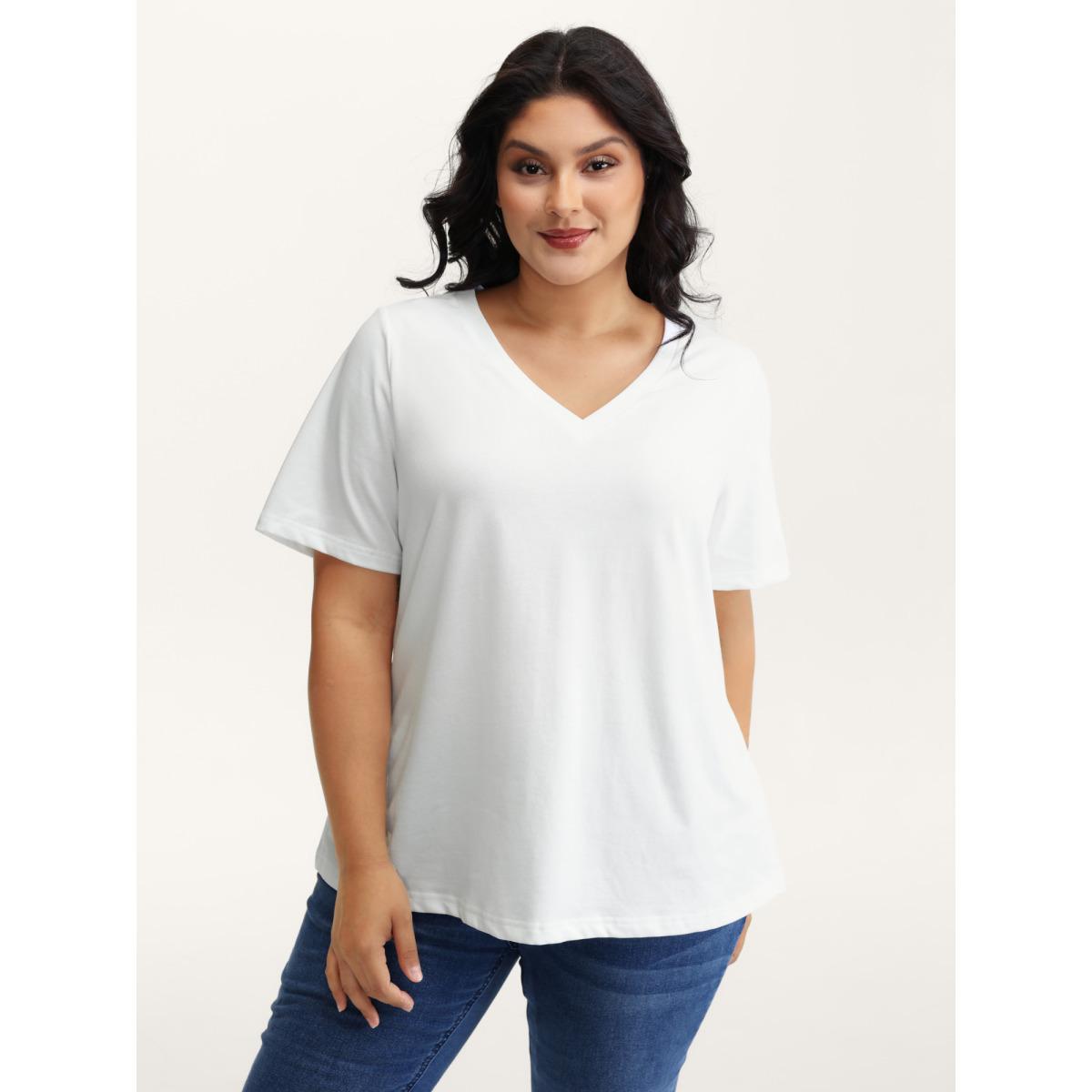 Plus Size Stretchy V-Neck Solid T-Shirt Originalwhite Women Leisure Non V-neck Casual T-shirts BloomChic 30/6X Product Image