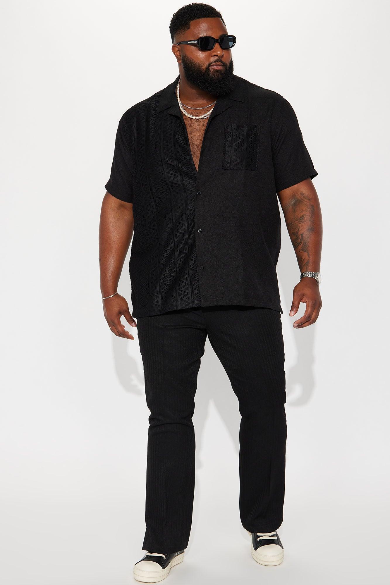 Half Crochet Pattern Short Sleeve Button Up Shirt - Black Product Image