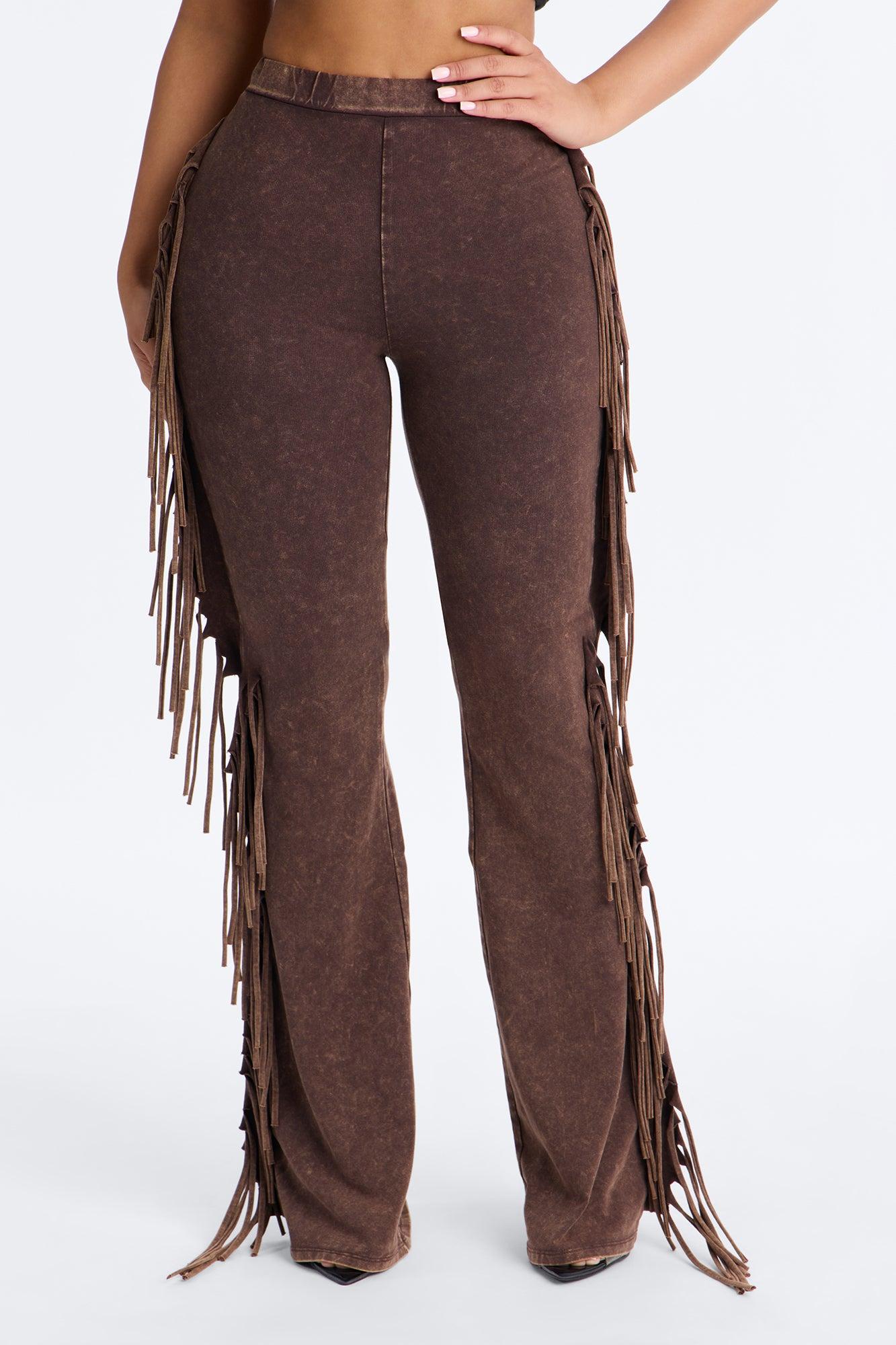 Josie Fringe Washed Mid Rise Flare Pant 33″ - Brown Female Product Image