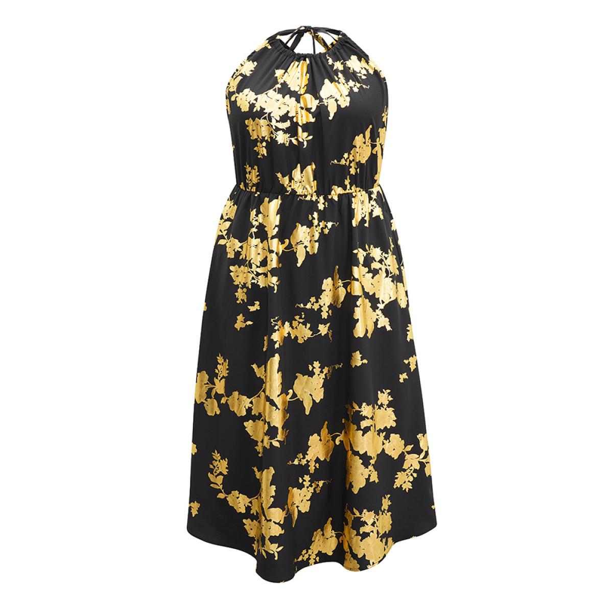 Plus Size Glitter Pocket Halter Keyhole Midi Dress Black Women Glamour Printed Round Neck Sleeveless Curvy Midi Dress BloomChic 10/M Product Image