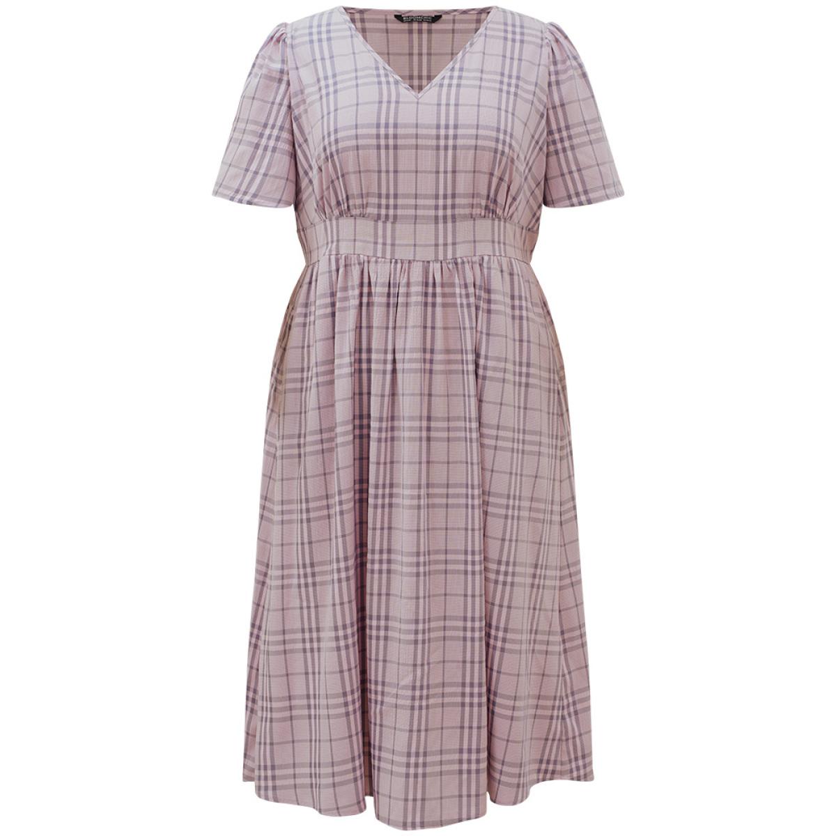 Plus Size Plaid V Neck Gathered Ruffle Sleeve Dress Lavender Women Elegant Gathered V-neck Short sleeve Curvy Midi Dress BloomChic 26/4X Product Image