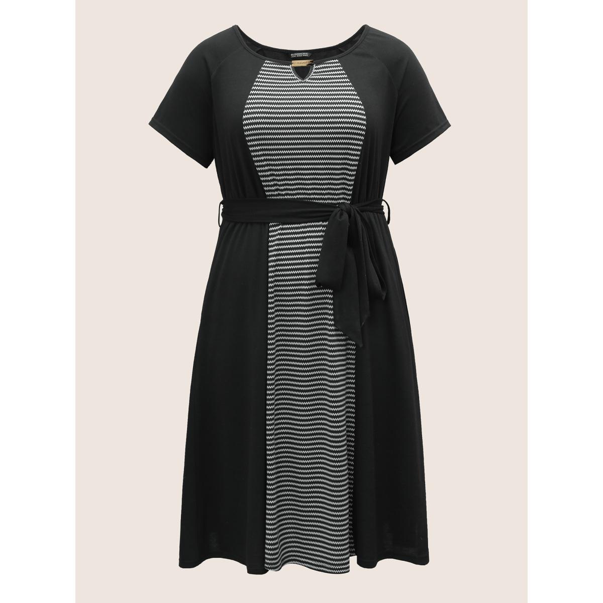 Plus Size Striped Patchwork Keyhole Belted Raglan Sleeve Dress Black Women At the Office Non Notched collar Short sleeve Curvy Midi Dress BloomChic 28/5X Product Image
