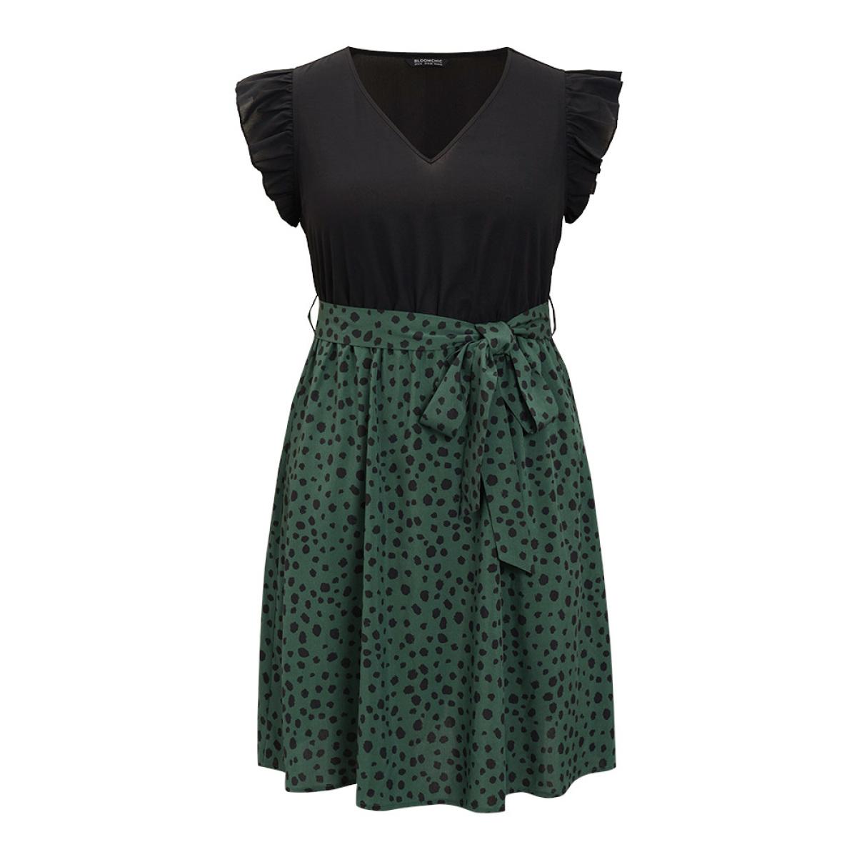 Plus Size Leopard Patchwork Pocket Belt Ruffle Dress DarkGreen Women Elegant Belted V-neck Cap Sleeve Curvy Knee Dress BloomChic 26/4X Product Image