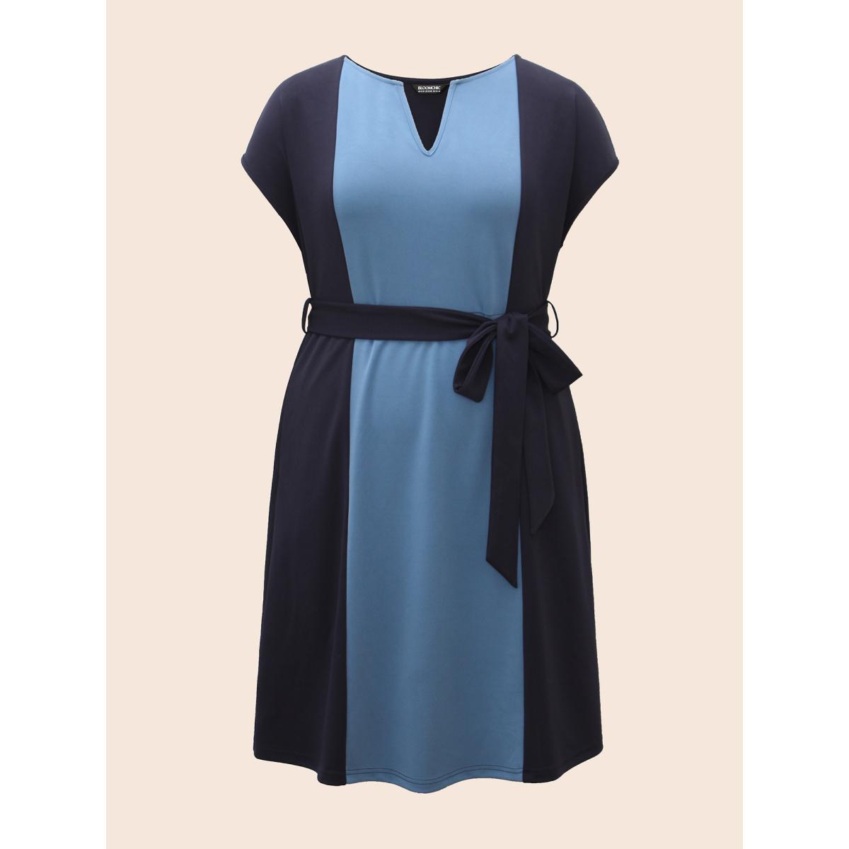 Plus Size Notched Contrast Patchwork Belted Dress Indigo Women At the Office Belted Flat collar with V-notch Cap Sleeve Curvy BloomChic 30/6X Product Image