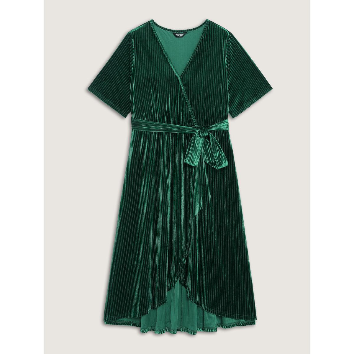 Plus Size Glossy Textured Velvet Wrap Tied Midi Dress DarkGreen Women Party&Cocktail Overlapping Overlap Collar Short sleeve Curvy BloomChic 18-20/2X Product Image