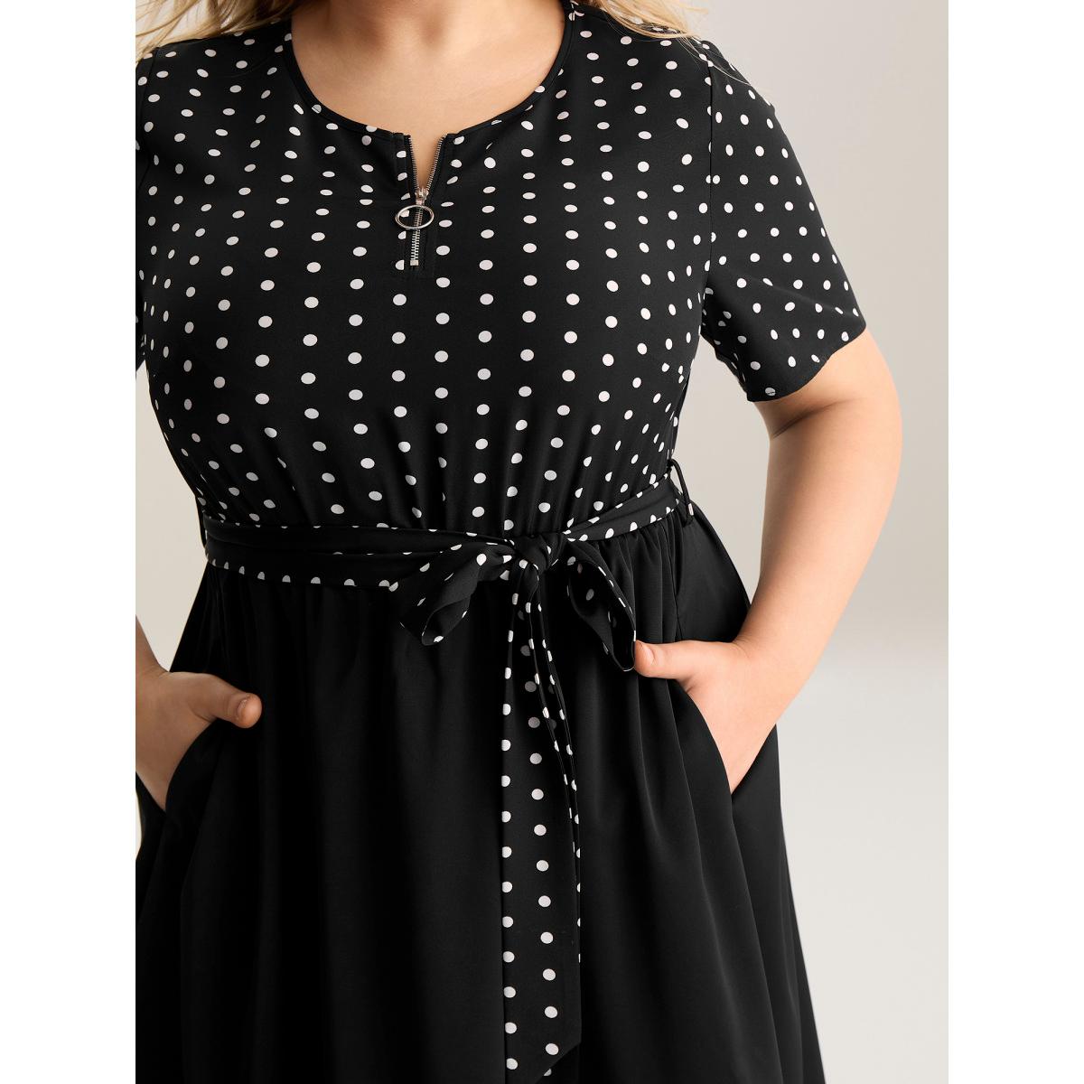 Plus Size Polka Dot Print Half Zipper Midi Dress BlackFlower Women Round Neck Short sleeve Curvy BloomChic 18-20/2X Product Image