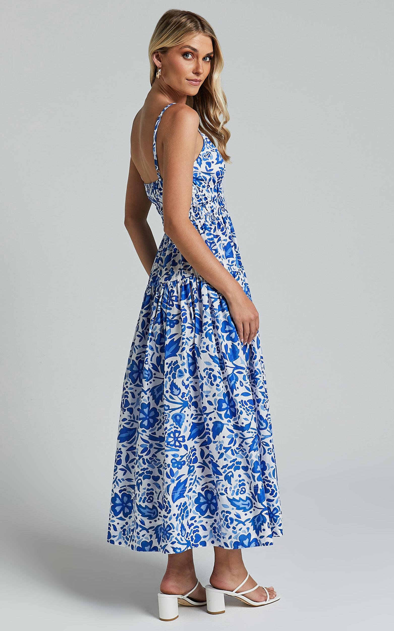 Cheri Midi Dress - Strappy Fit and Flare Tiered Dress in Blue Floral Product Image