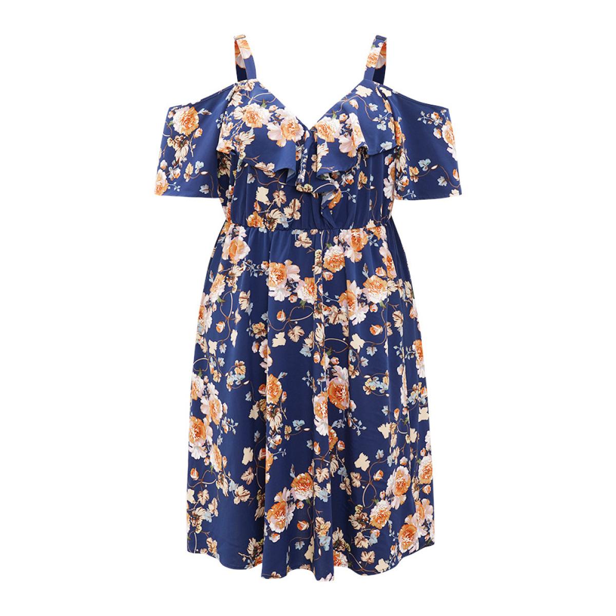 Plus Size Floral Print Ruffle Trim Elastic Waist Cold Shoulder Dress Indigo Women Elegant Adjustable Straps V-neck Short sleeve Curvy Midi Dress BloomChic 28/5X Product Image