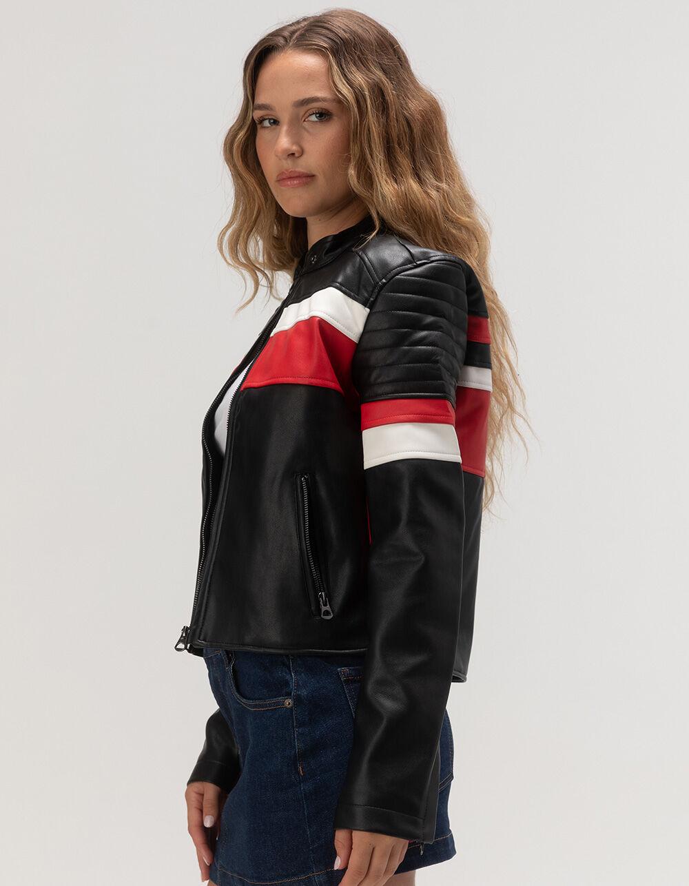 ASHLEY Stripe Racing Faux Leather Womens Jacket - BLACK COMBO Product Image